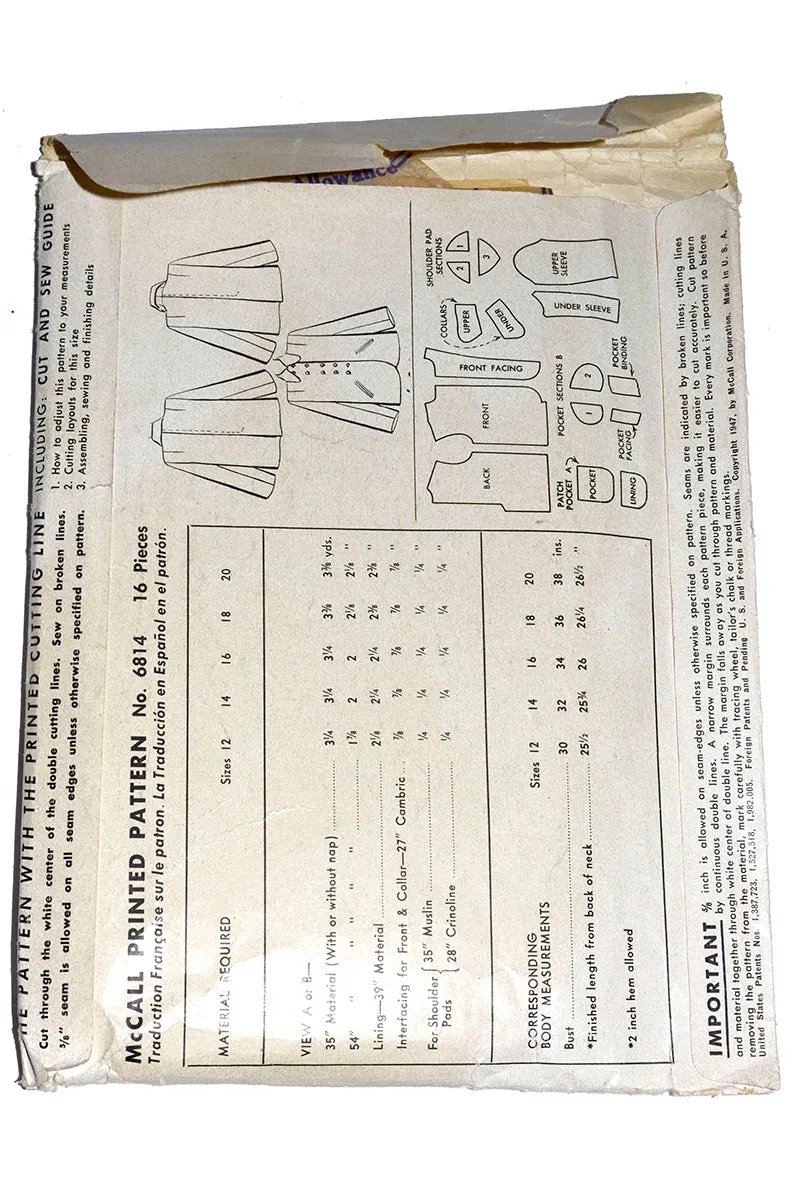 1947 Vintage Jacket Sewing Pattern McCall 6814