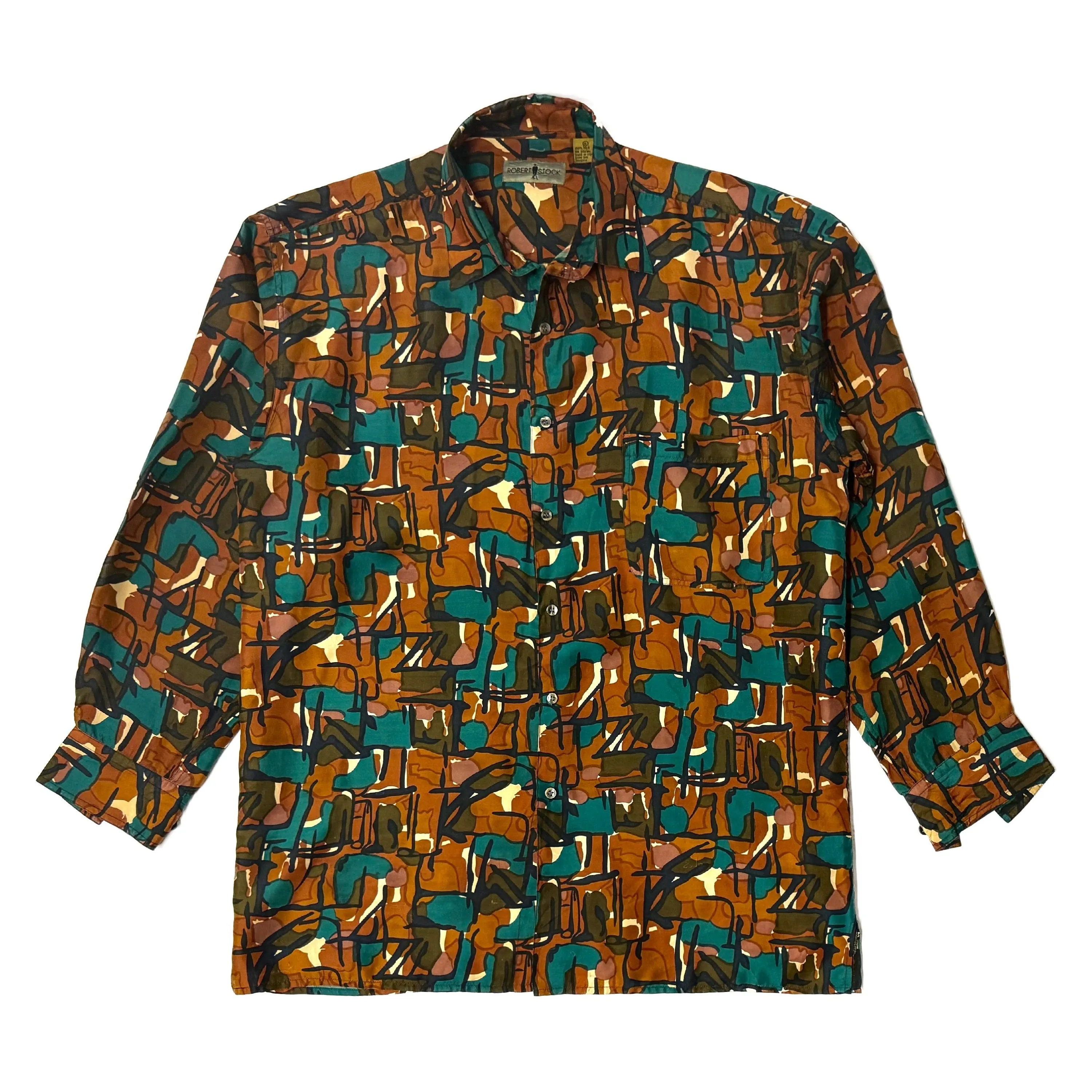 1990’S ROBERT STOCK 100% SILK PATTERNED L/S B.D. SHIRT X-LARGE