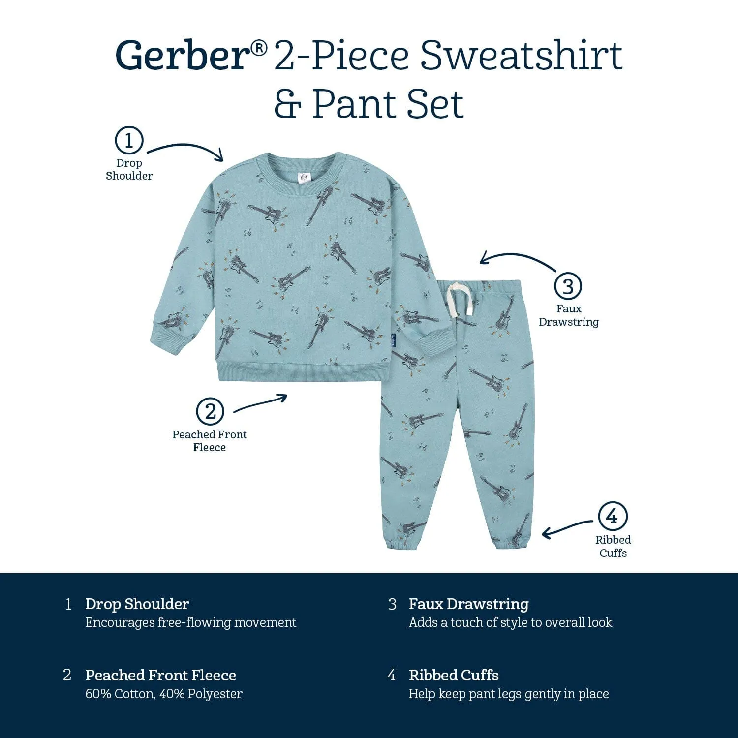 2-Piece Infant and Toddler Boys Teal Guitars Sweatshirt & Pant Set