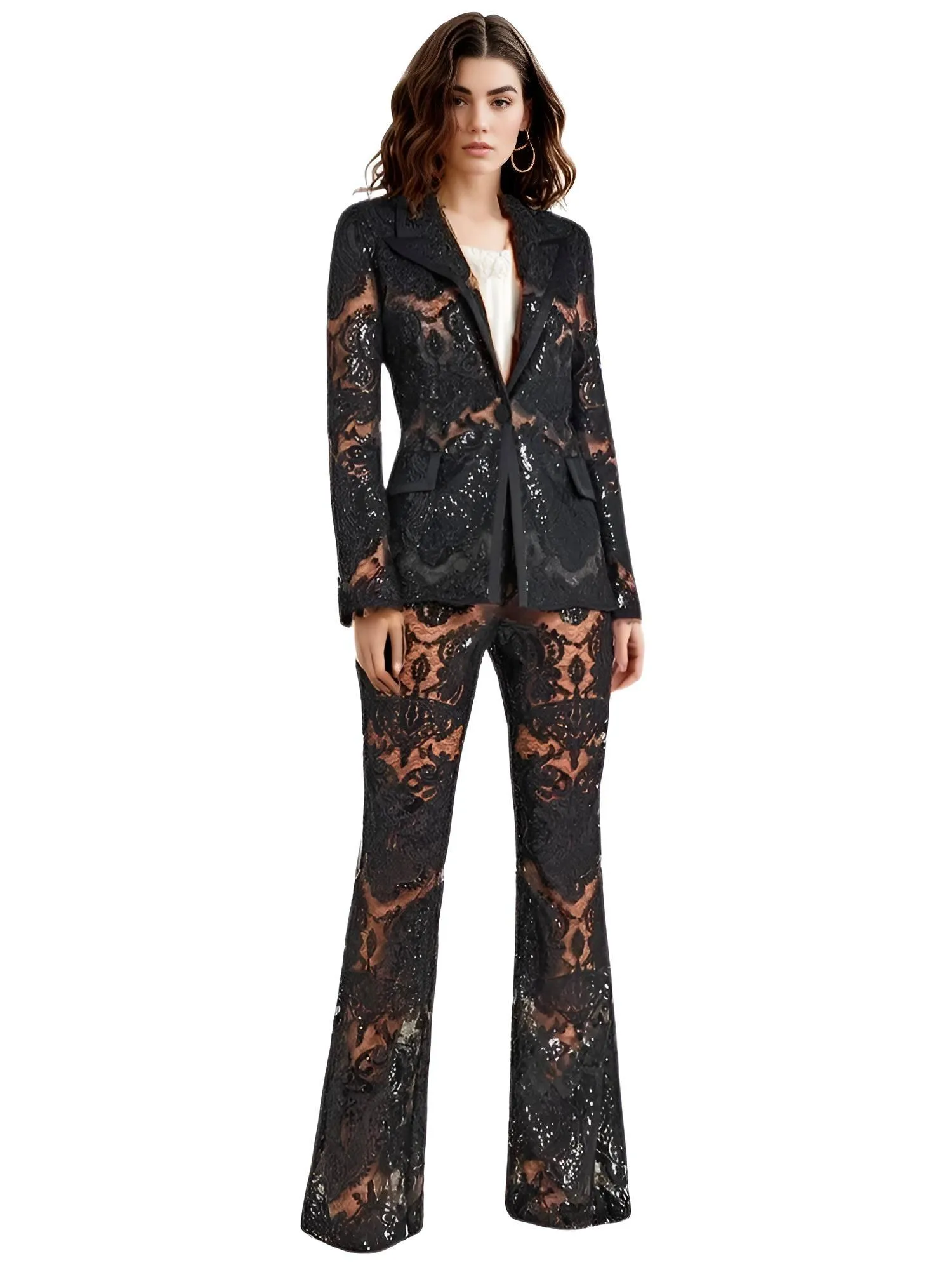 2024 Designer Runway Suit Set Women's Single Button Lace Sequined Blazer Pants Suit