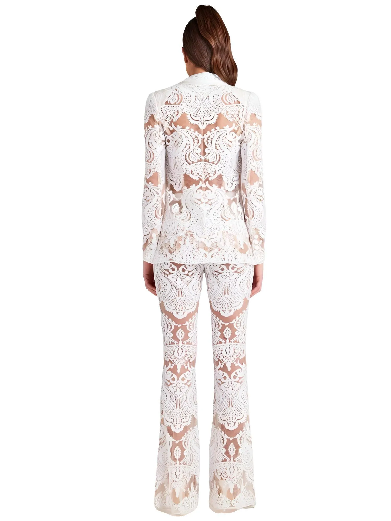 2024 Designer Runway Suit Set Women's Single Button Lace Sequined Blazer Pants Suit