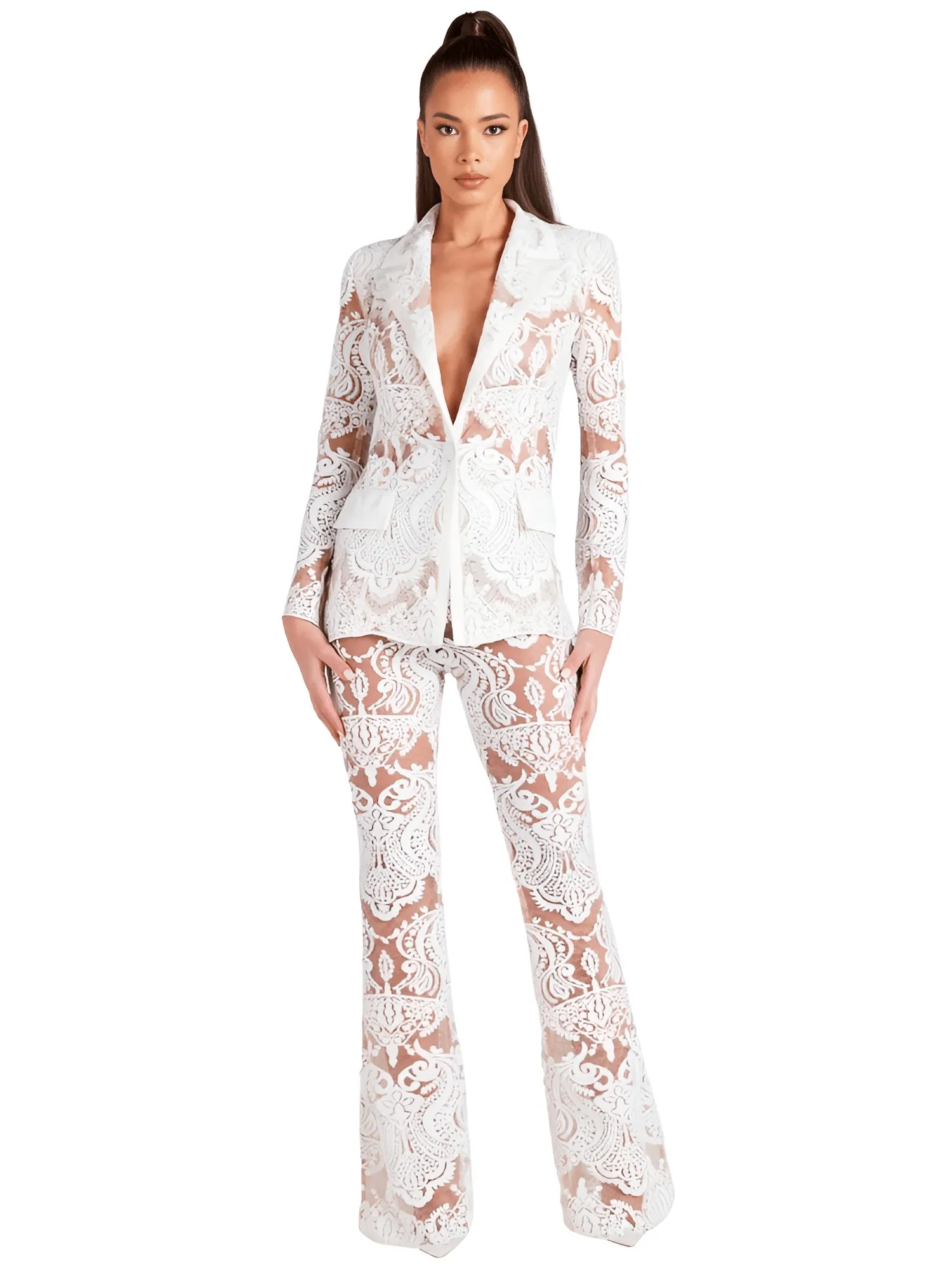 2024 Designer Runway Suit Set Women's Single Button Lace Sequined Blazer Pants Suit