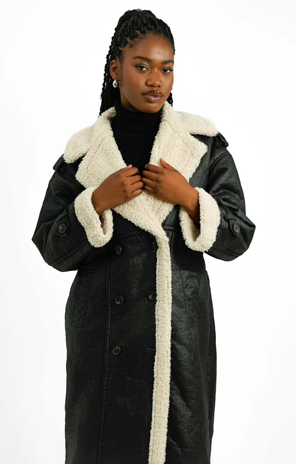 4th & Reckless Premium Longline Contrast Faux Shearling Coat In Black And Cream