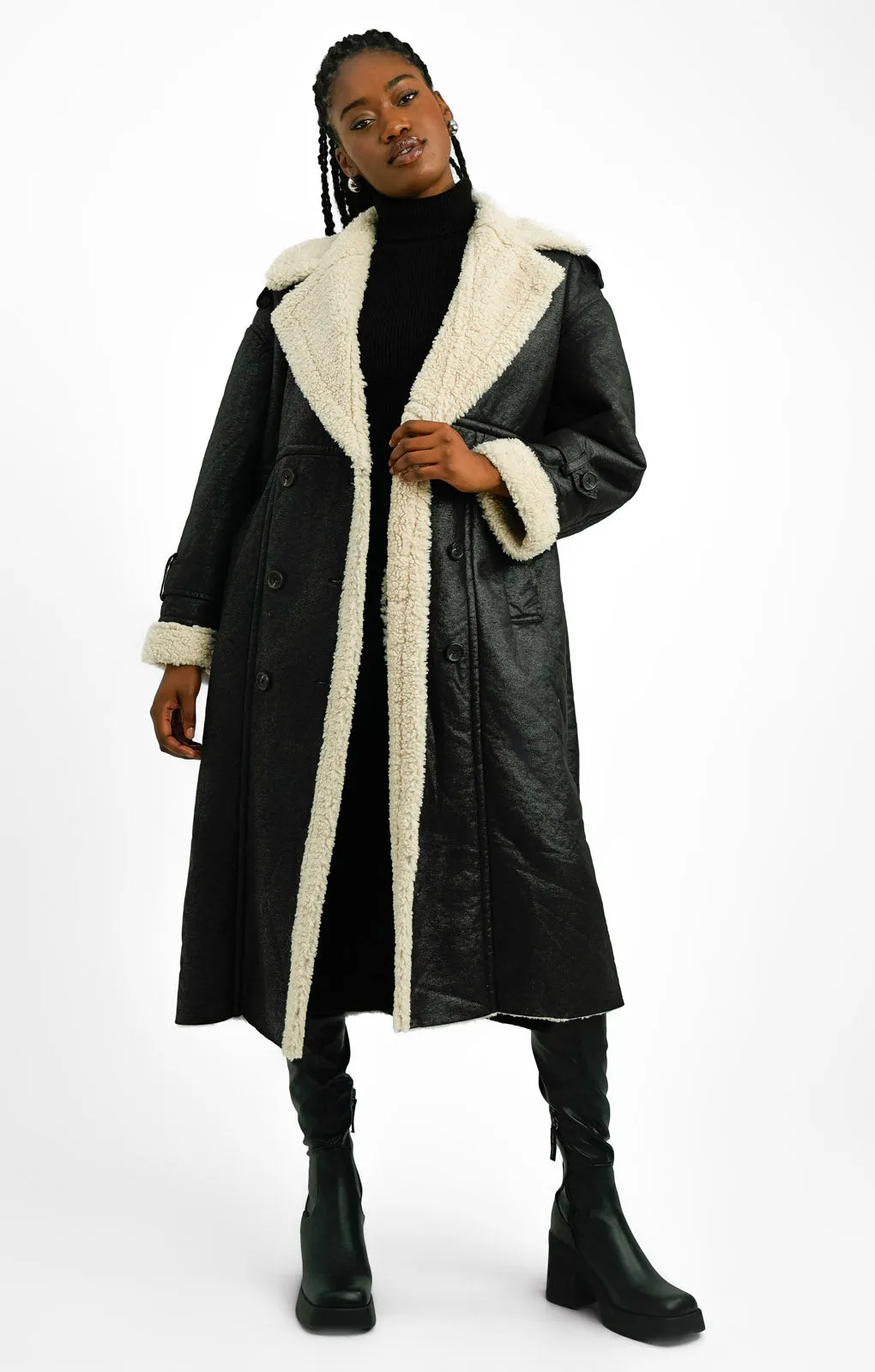 4th & Reckless Premium Longline Contrast Faux Shearling Coat In Black And Cream