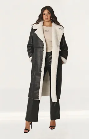 4th & Reckless Premium Longline Contrast Faux Shearling Coat In Black And Cream