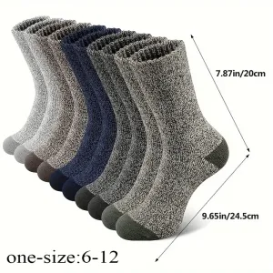 5 Pairs Men's Winter Thickened Fleece Warm Crew Socks, Polyester and Spandex Knit Fabric, Solid Color, Breathable Moisture-Wicking, Non-Binding Elastic Tube Socks