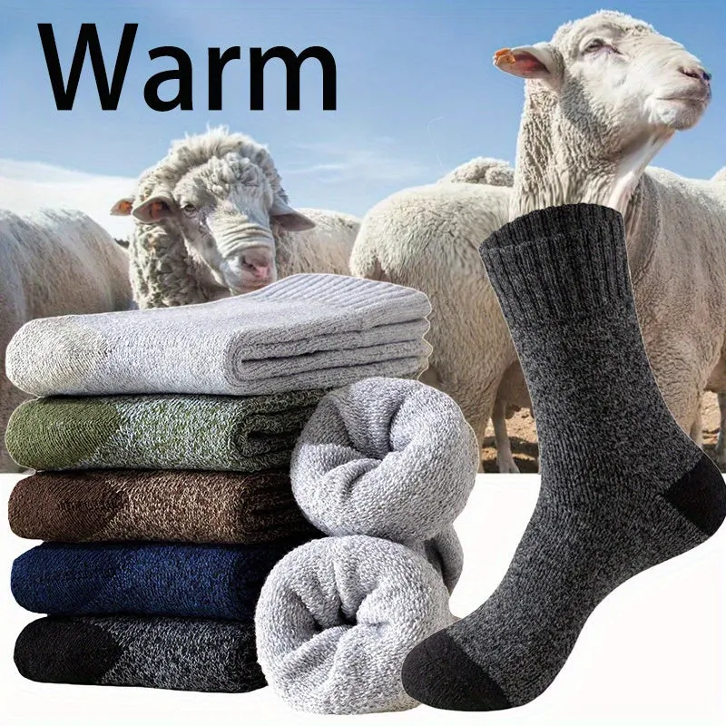 5 Pairs Men's Winter Thickened Fleece Warm Crew Socks, Polyester and Spandex Knit Fabric, Solid Color, Breathable Moisture-Wicking, Non-Binding Elastic Tube Socks