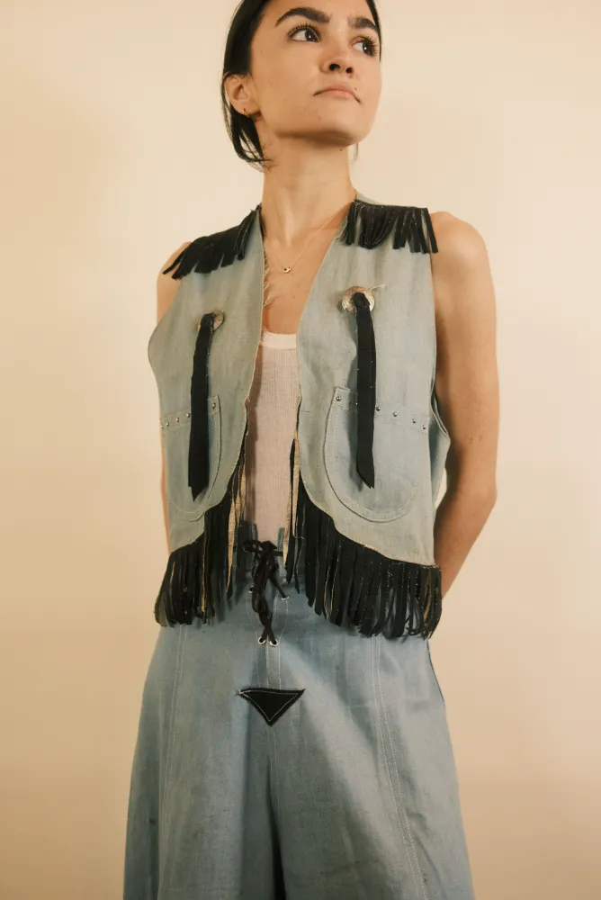 60's Pioneer Wear Denim and Suede Fringe Culotte and Vest Set