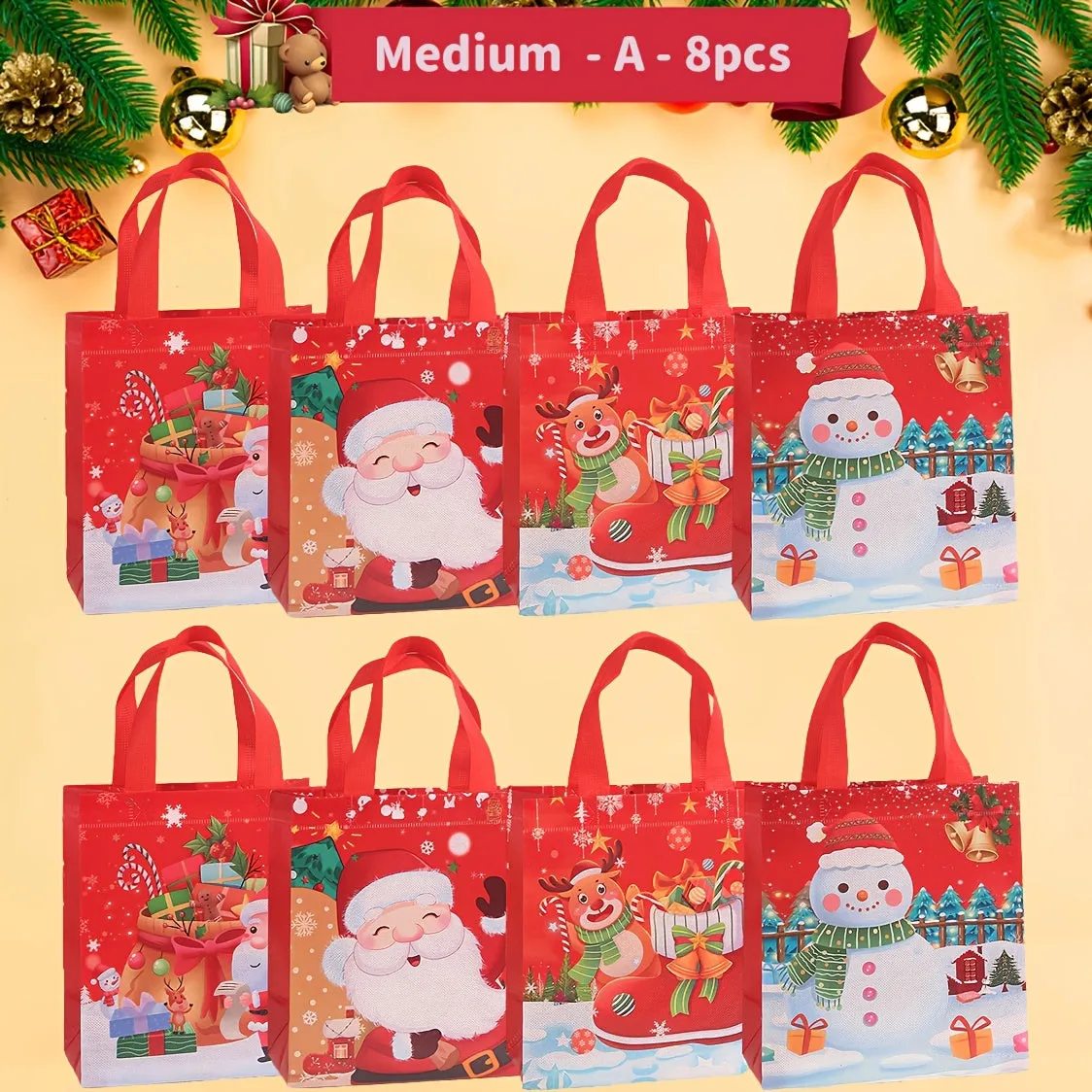 8-Piece Reusable Jolly Christmas Gift Bags Set - Medium Size 11.4" x 10.6" x 4.7" for Festive Shopping and Party Supplies