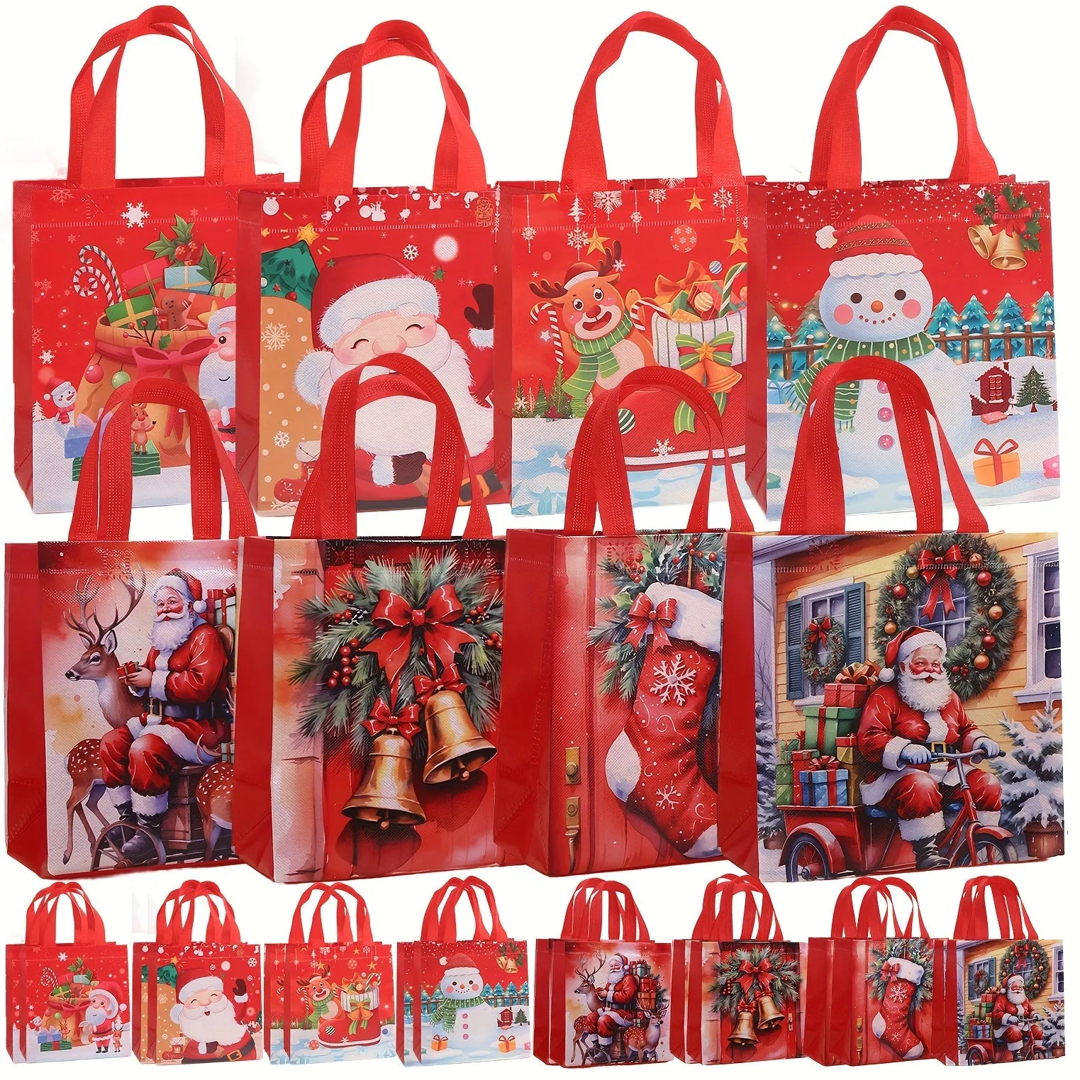 8-Piece Reusable Jolly Christmas Gift Bags Set - Medium Size 11.4" x 10.6" x 4.7" for Festive Shopping and Party Supplies