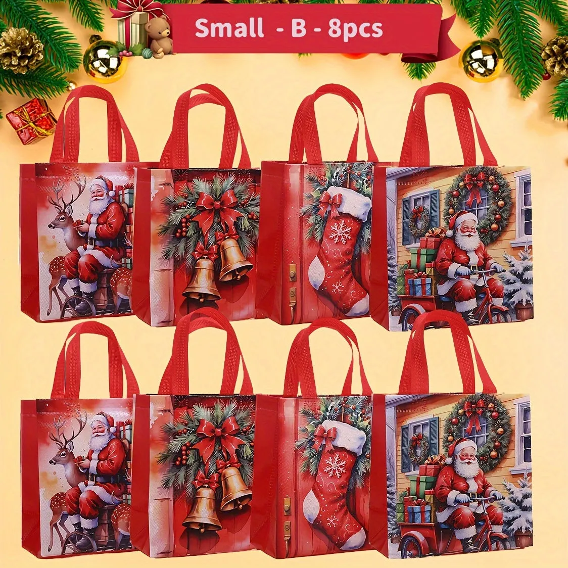 8-Piece Reusable Jolly Christmas Gift Bags Set - Medium Size 11.4" x 10.6" x 4.7" for Festive Shopping and Party Supplies