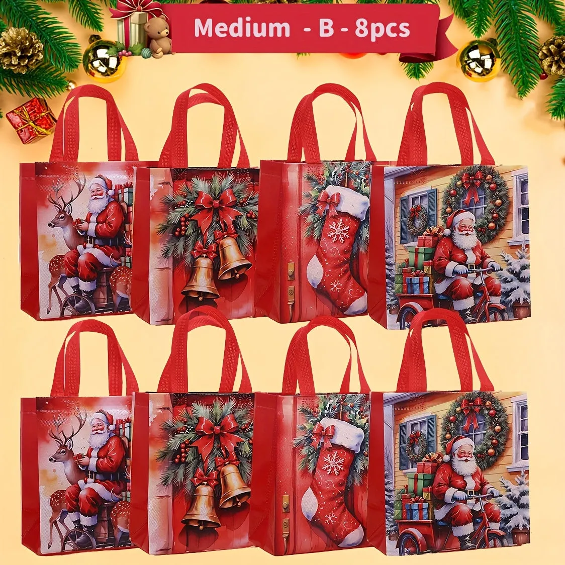 8-Piece Reusable Jolly Christmas Gift Bags Set - Medium Size 11.4" x 10.6" x 4.7" for Festive Shopping and Party Supplies