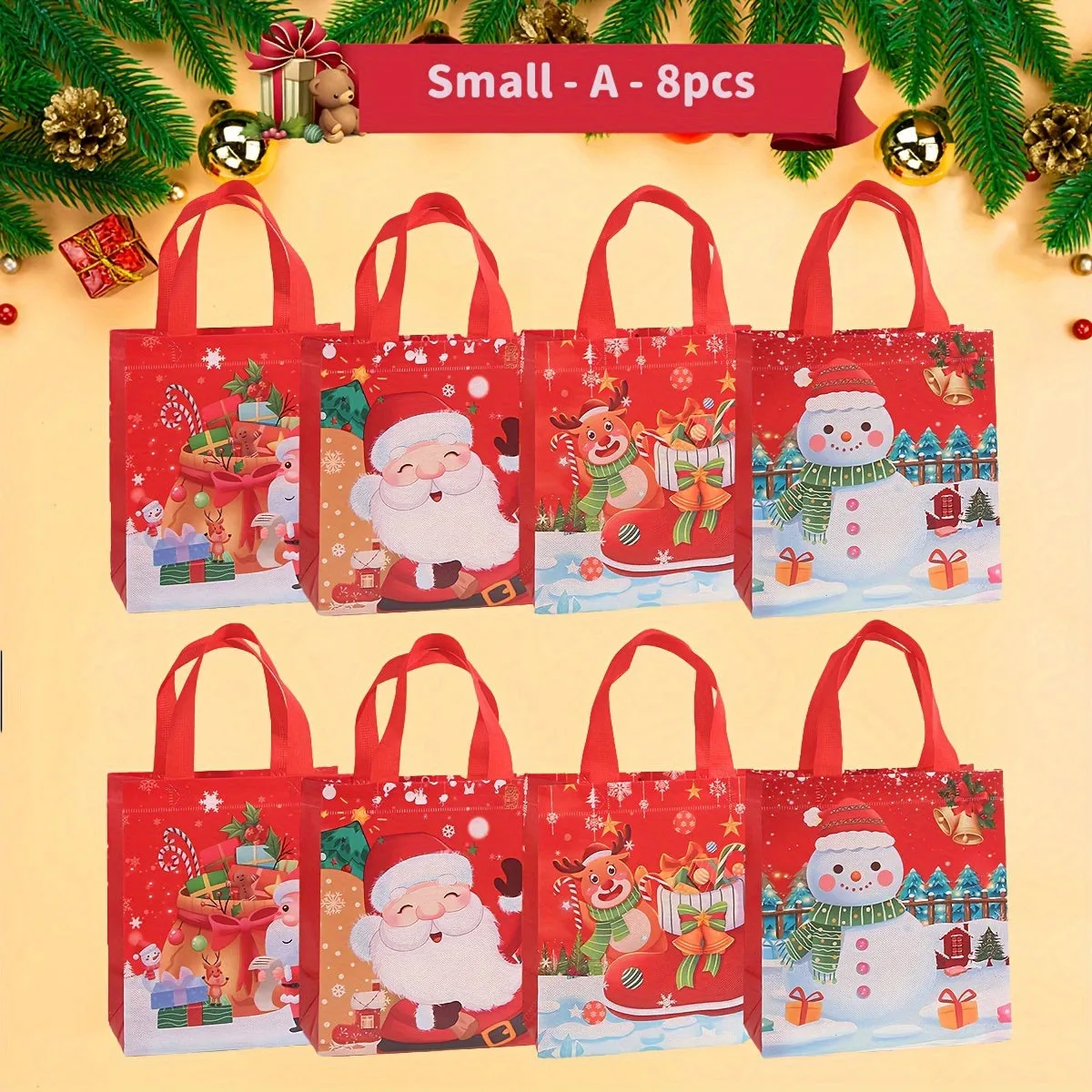 8-Piece Reusable Jolly Christmas Gift Bags Set - Medium Size 11.4" x 10.6" x 4.7" for Festive Shopping and Party Supplies