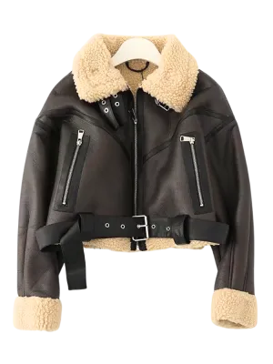 A&A Faux Shearling Collar Crop Jacket Belt Detail