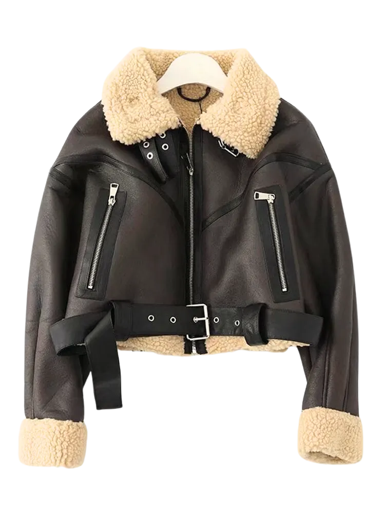 A&A Faux Shearling Collar Crop Jacket Belt Detail