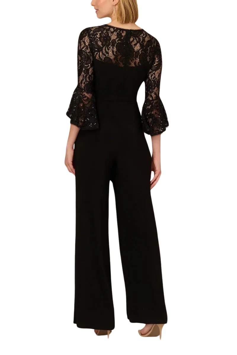 Adrianna Papell Jersey Lace Crew Neck Elbow Sleeve Ruffle Cuff Straight Leg Jumpsuit - Wholesale