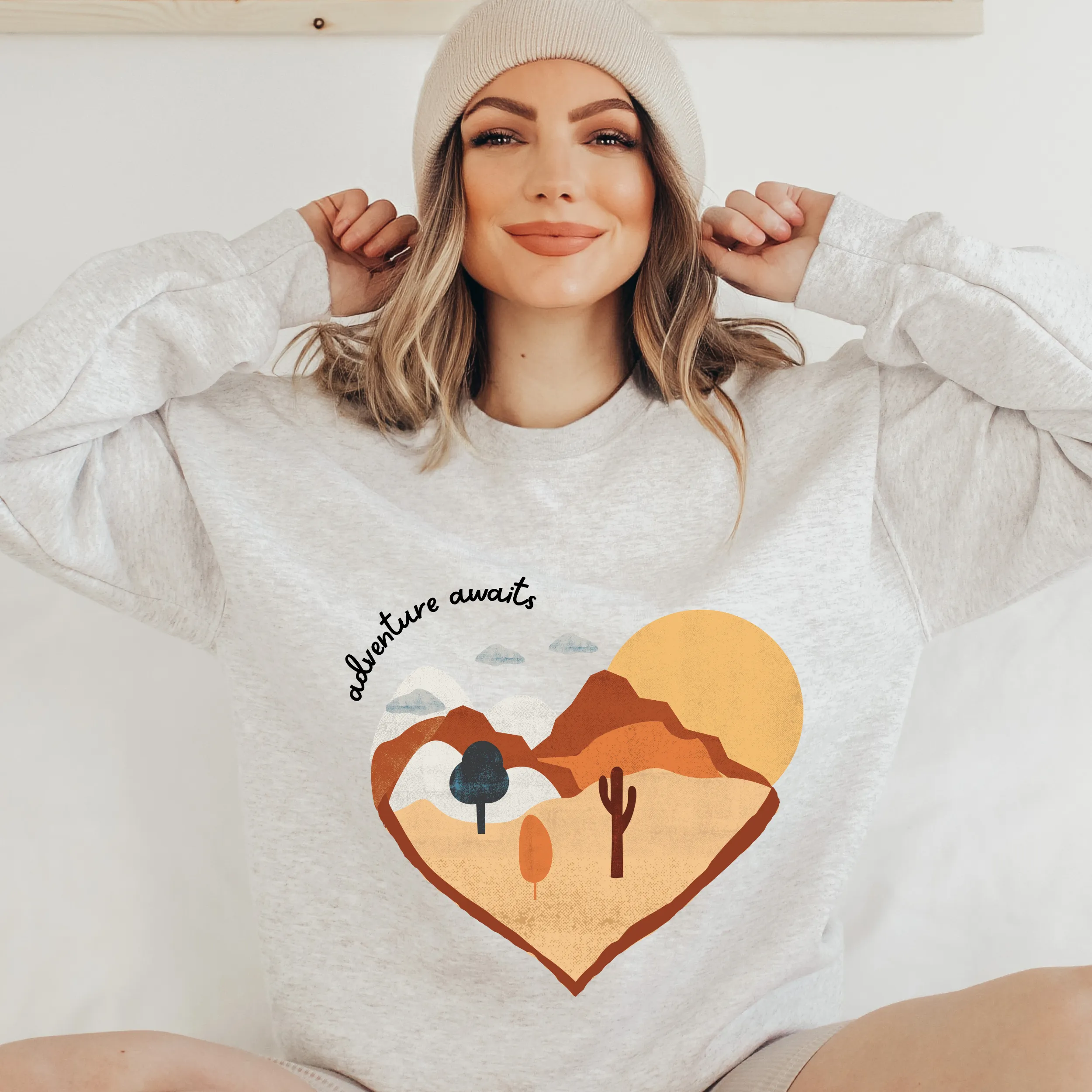 Adventure Awaits Women's Crewneck Sweatshirt Beautiful Hand-Drawn Desert with Cactus on a Comfy, Cozy White, Ash, or Sand Pullover