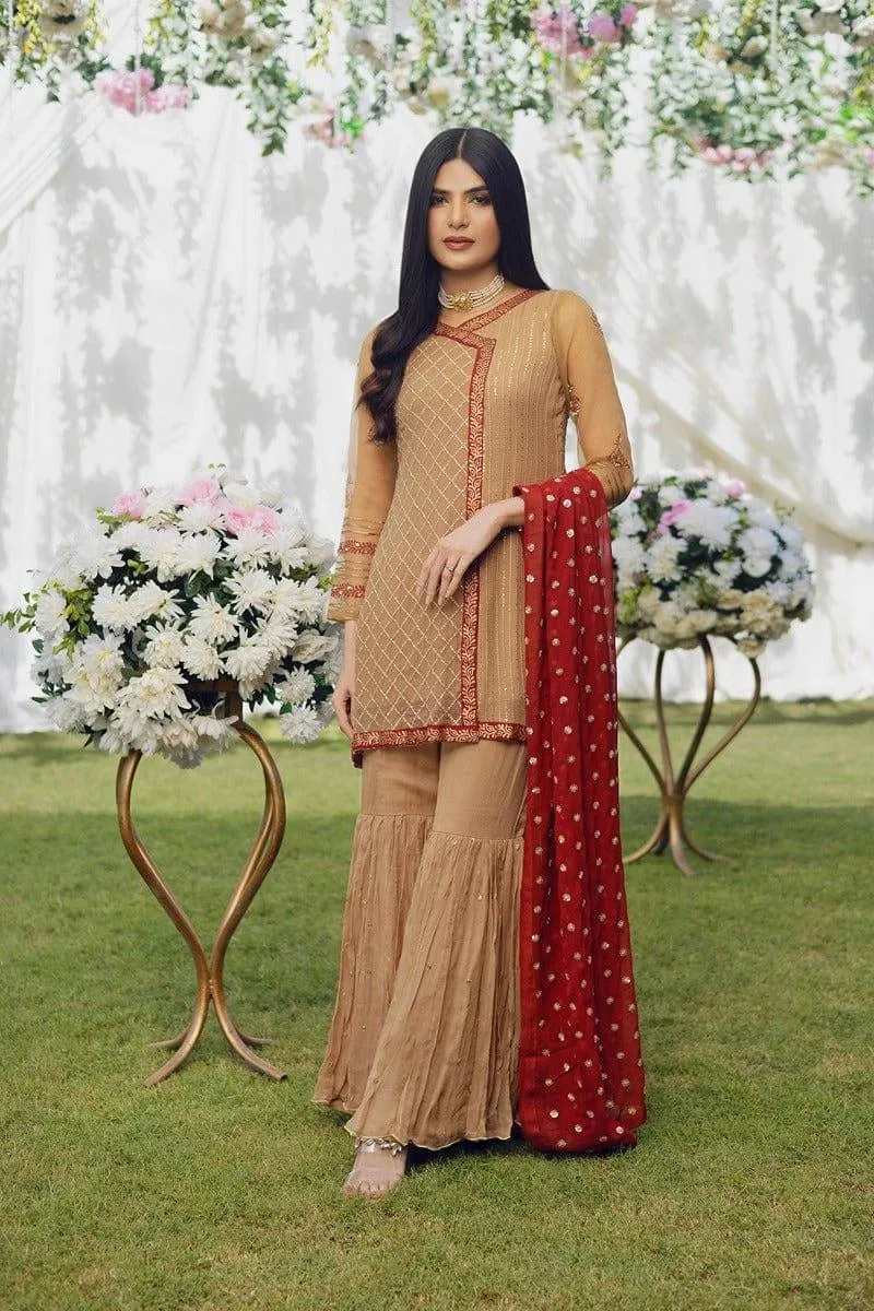 Aisha Fatema - Sand Beige - Block Print - Gharara - 3 Piece