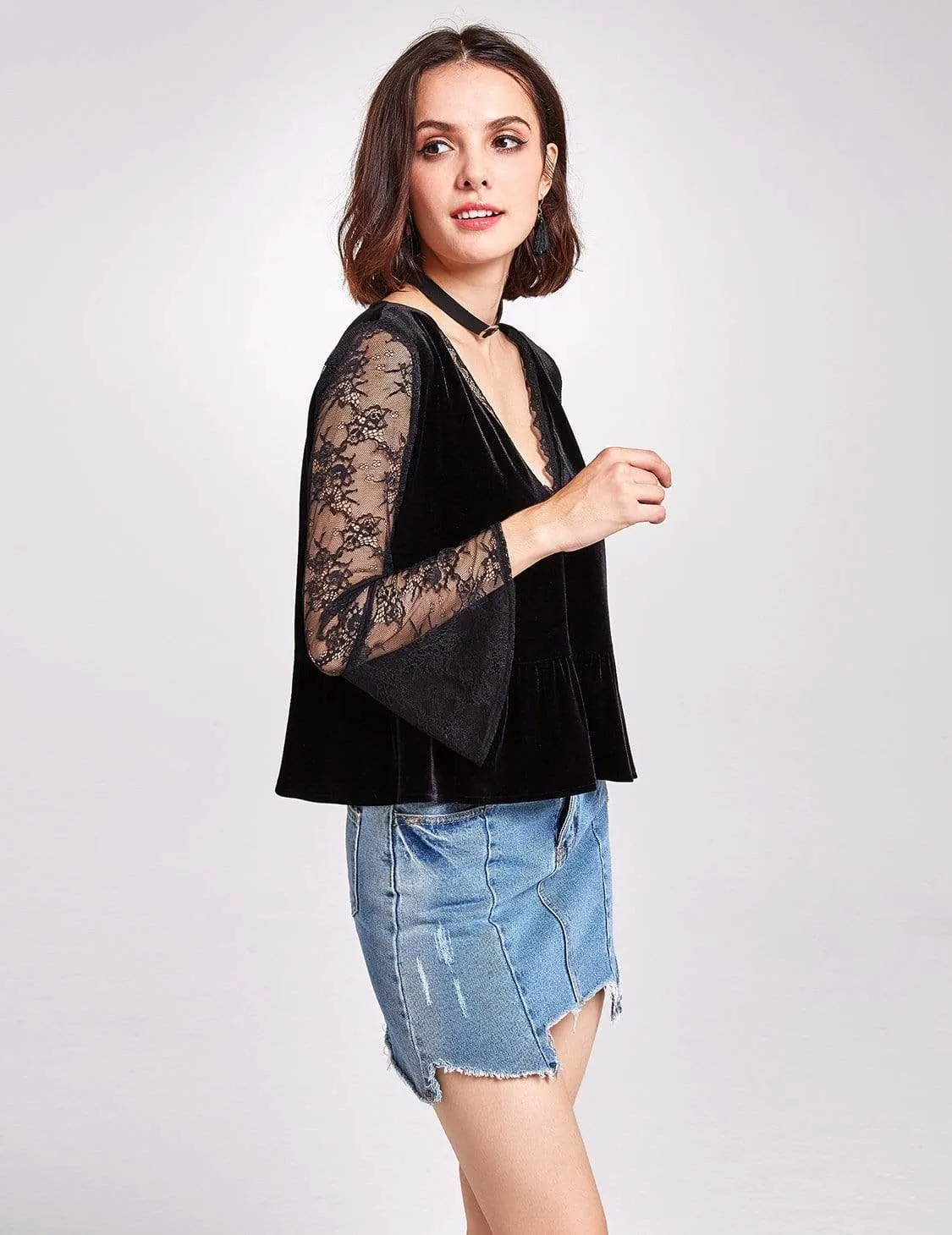 Alisa Pan Long Sleeves Lace and Velvet Top