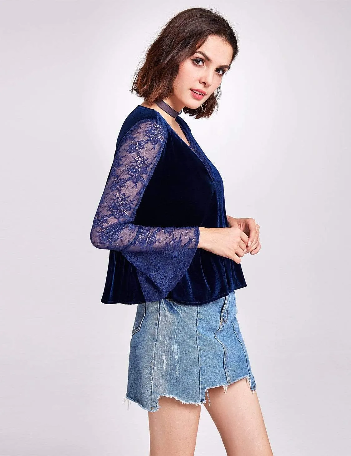 Alisa Pan Long Sleeves Lace and Velvet Top