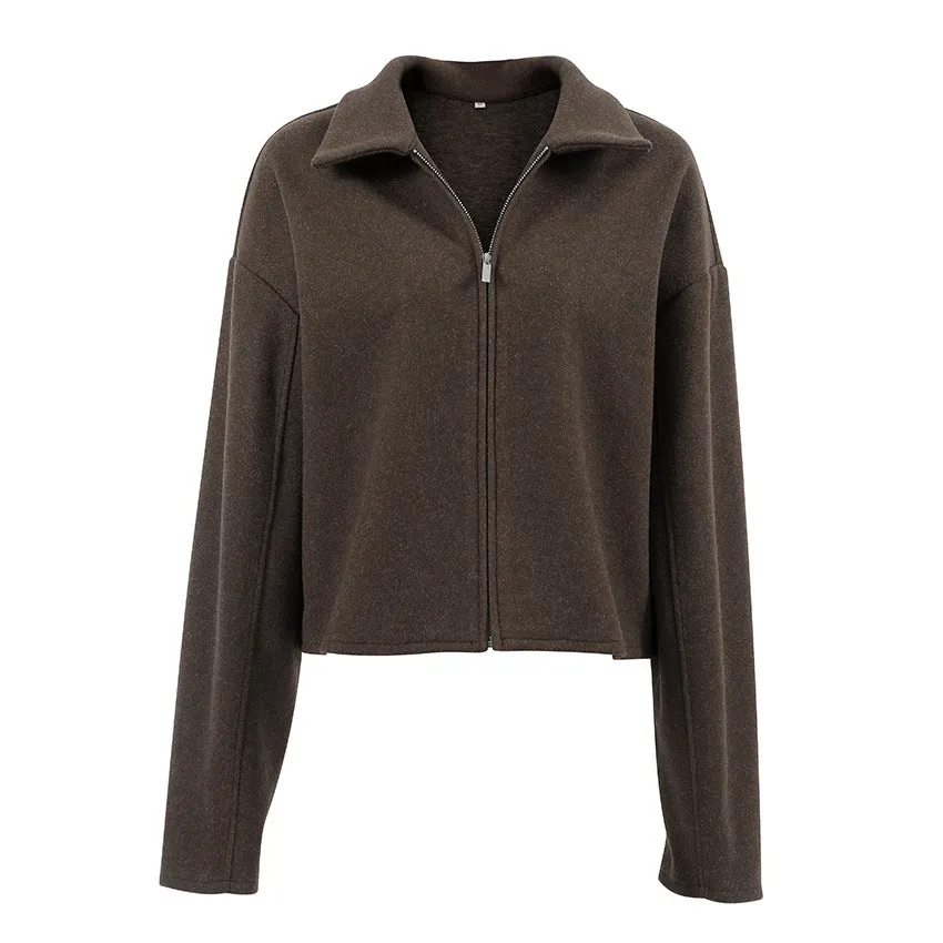 Autumn Winter Polo Collar Long Sleeve Zipper Woolen Coat Loose Casual Women Jacket