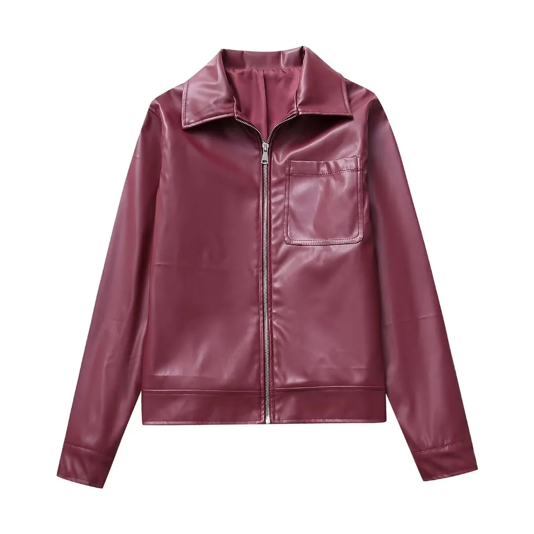 Autumn Winter Women Leather Jacket Coat Collared Motorcycle Motorcycle Jacket