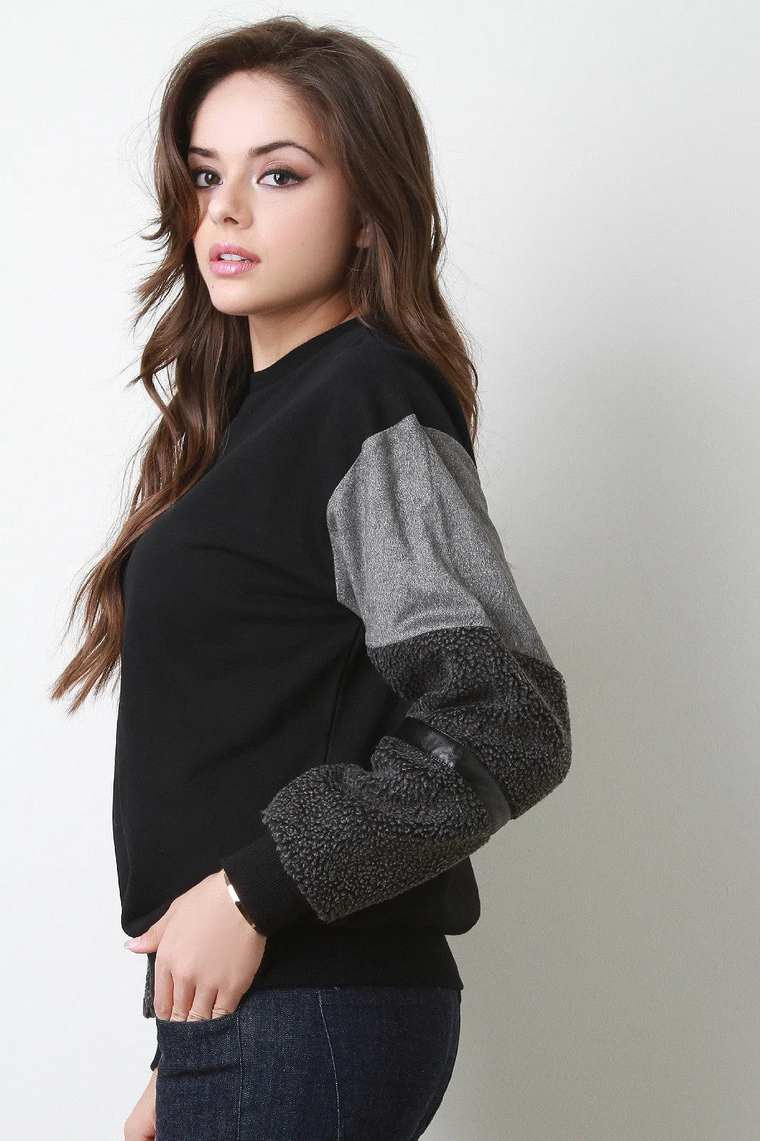 Banded Shearling Mixed Materials Sweatshirt Top