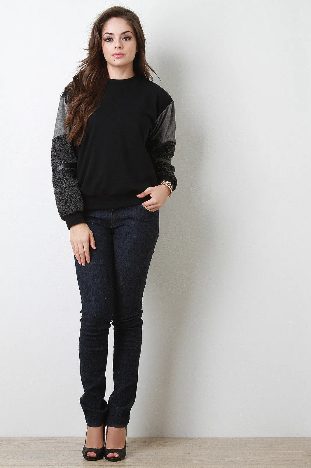 Banded Shearling Mixed Materials Sweatshirt Top