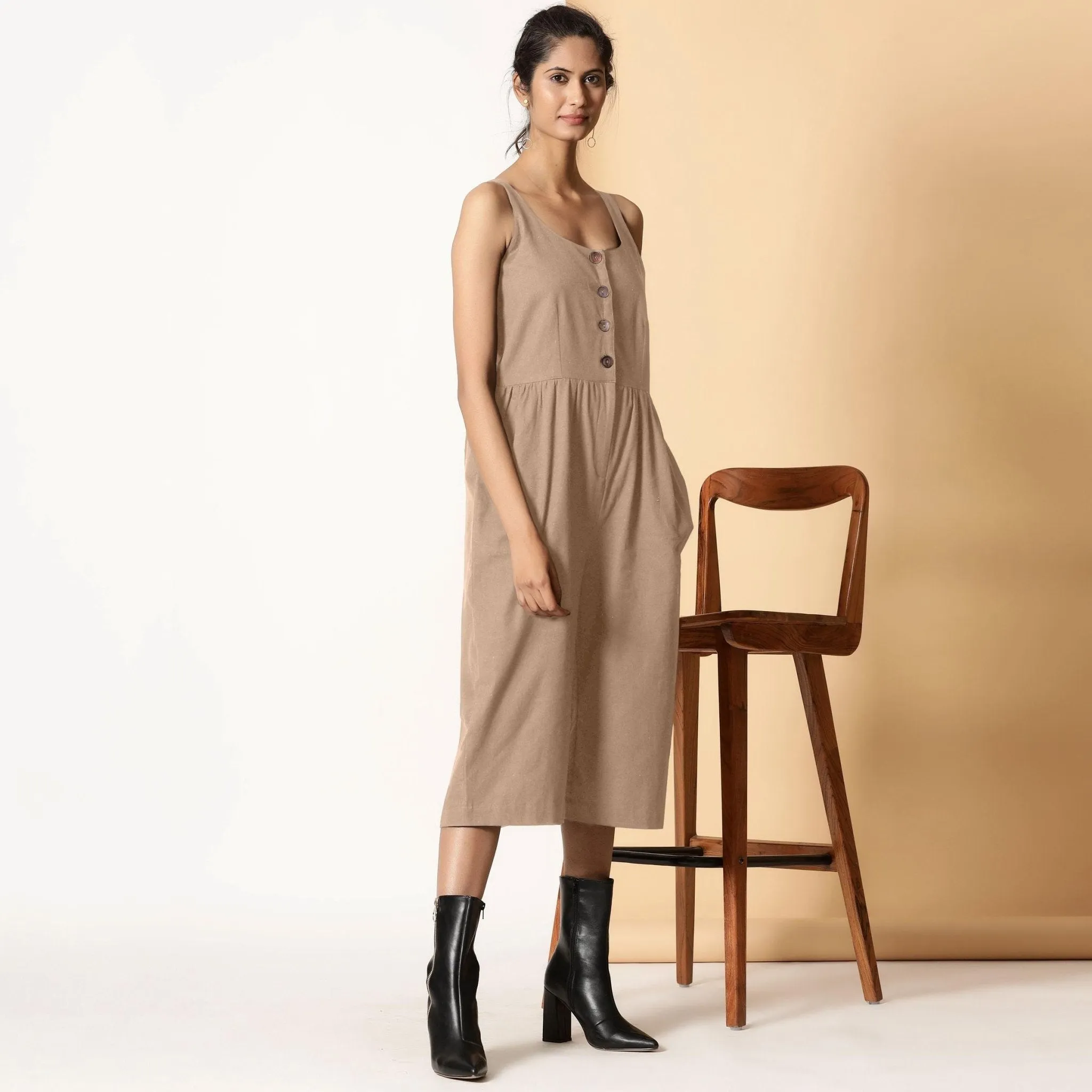 Beige Cotton Flax Button-Down Midi Jumpsuit