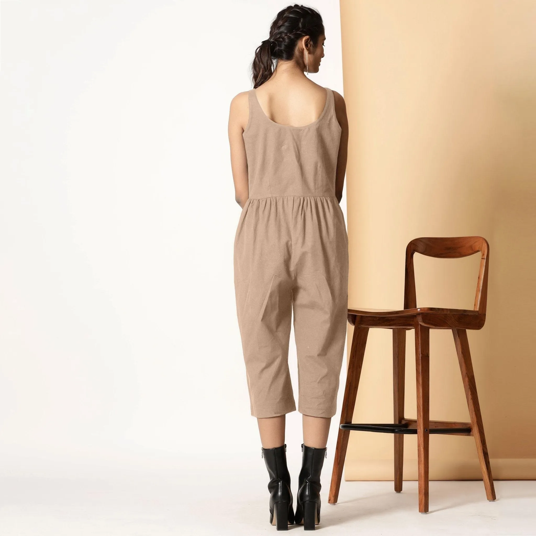 Beige Cotton Flax Button-Down Midi Jumpsuit