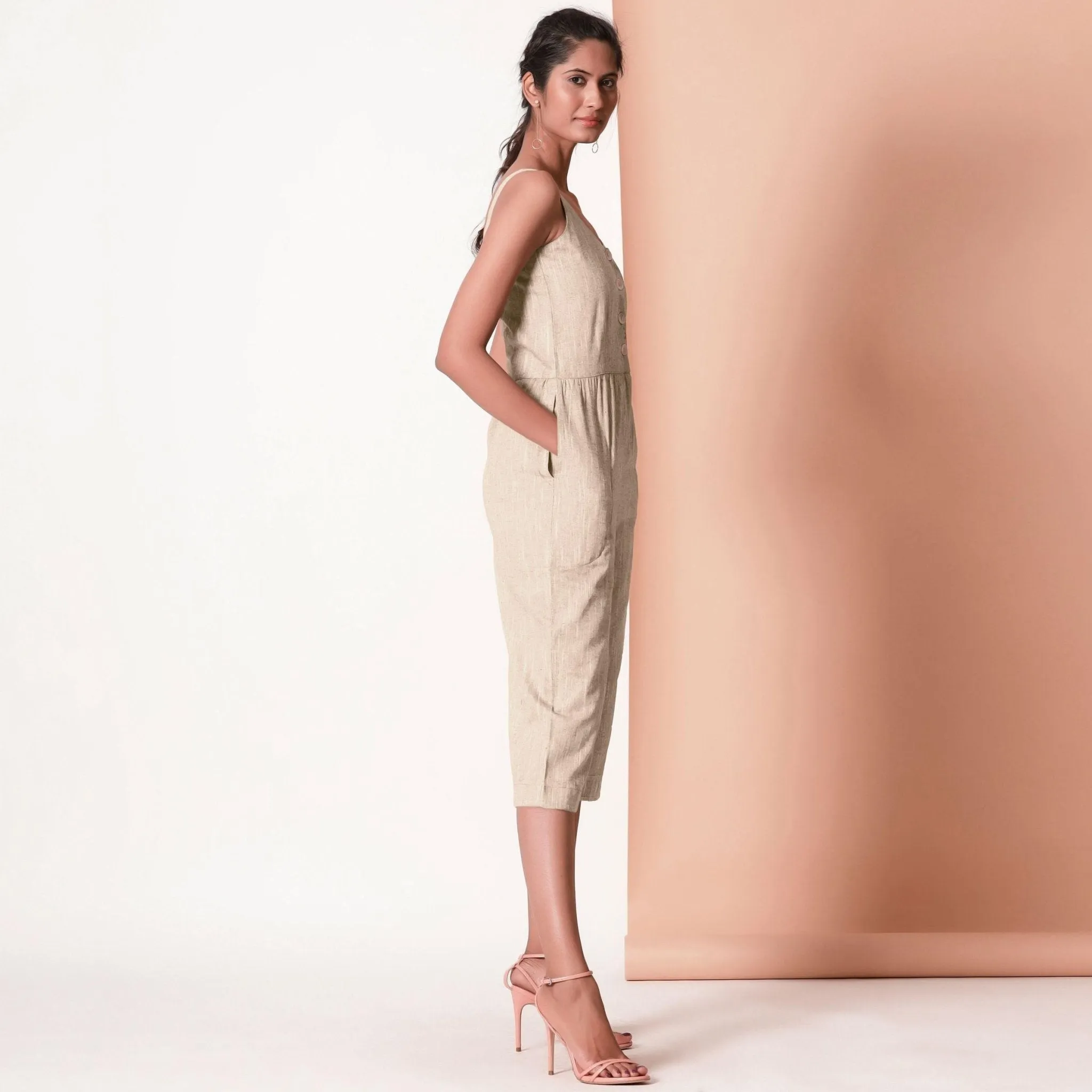 Beige Cotton Sleeveless Button-Down Jumpsuit