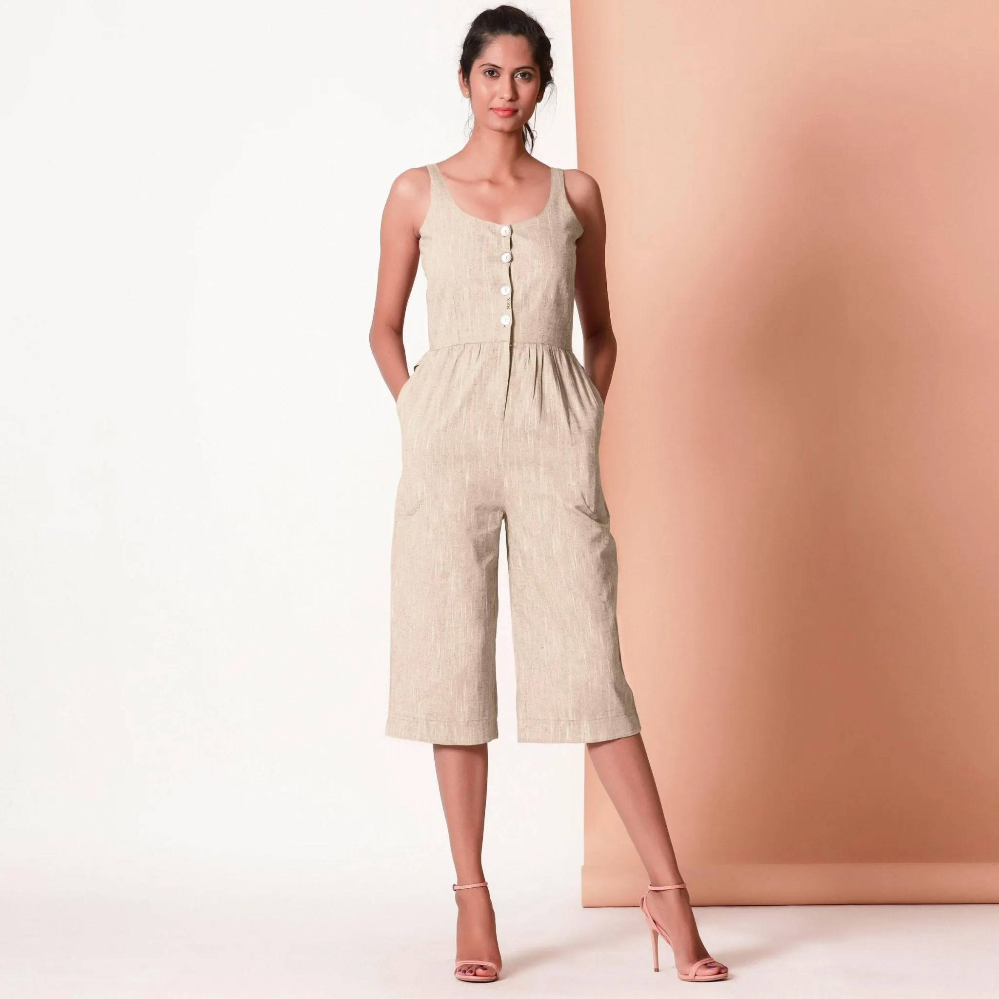 Beige Cotton Sleeveless Button-Down Jumpsuit