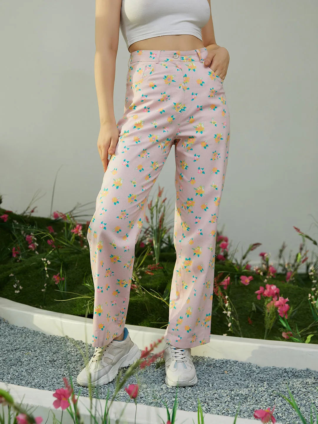 Berrylush Women Pink & Yellow Floral Printed High-Waist Waist Wide Leg Four-Pocket Cotton Regular Pants