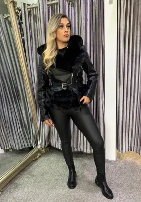 Billie luxury fur hooded PU biker jacket