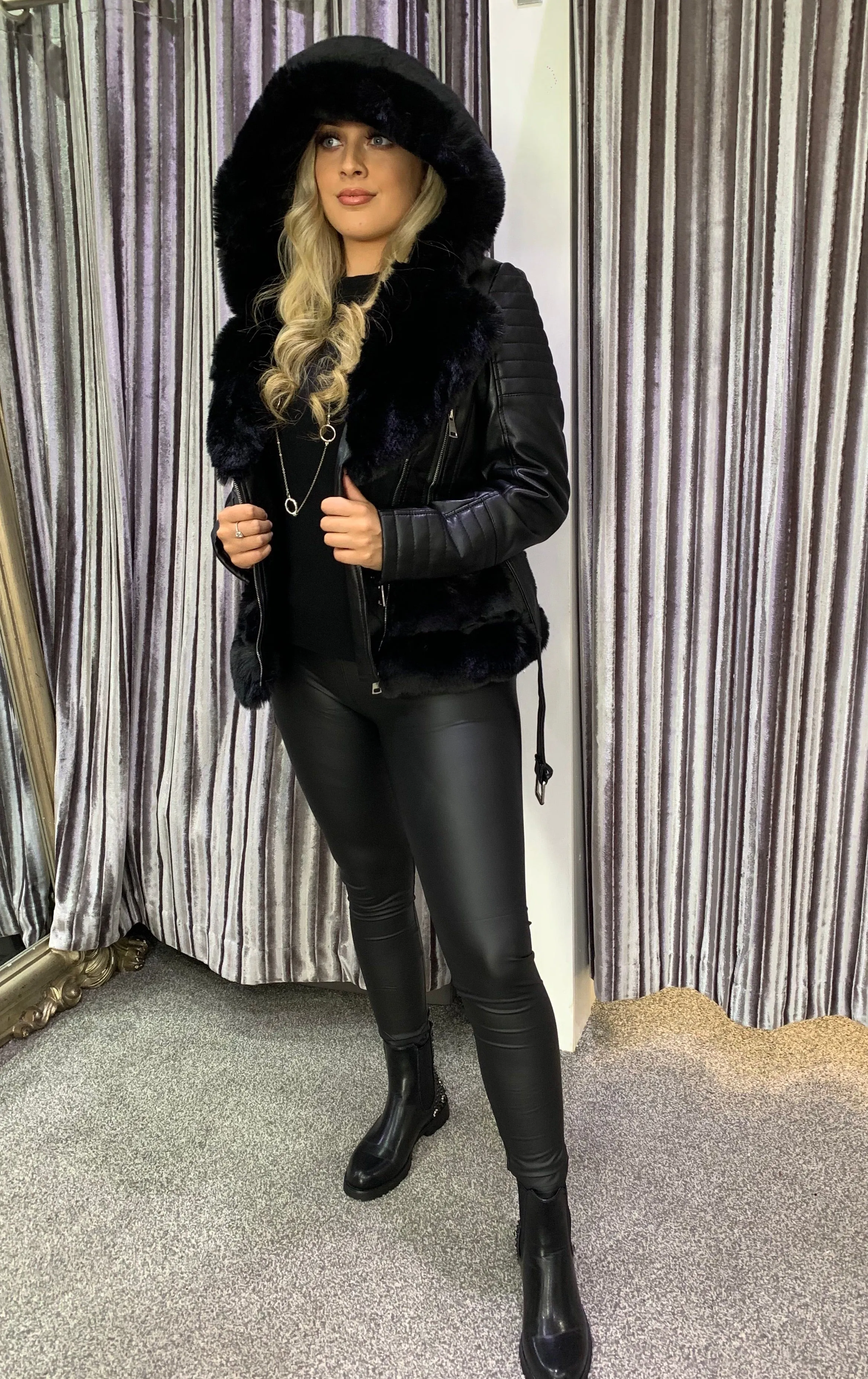 Billie luxury fur hooded PU biker jacket