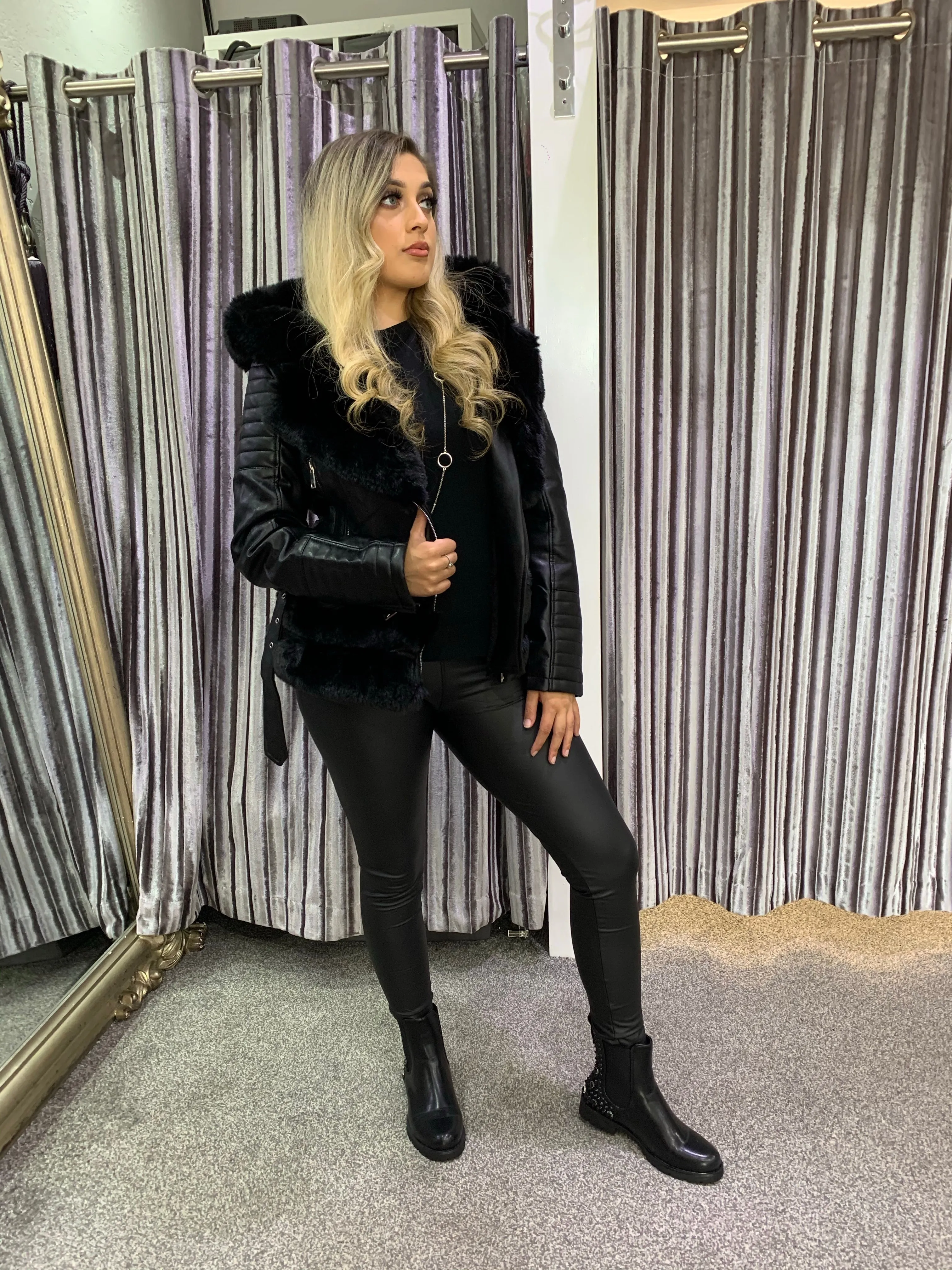 Billie luxury fur hooded PU biker jacket