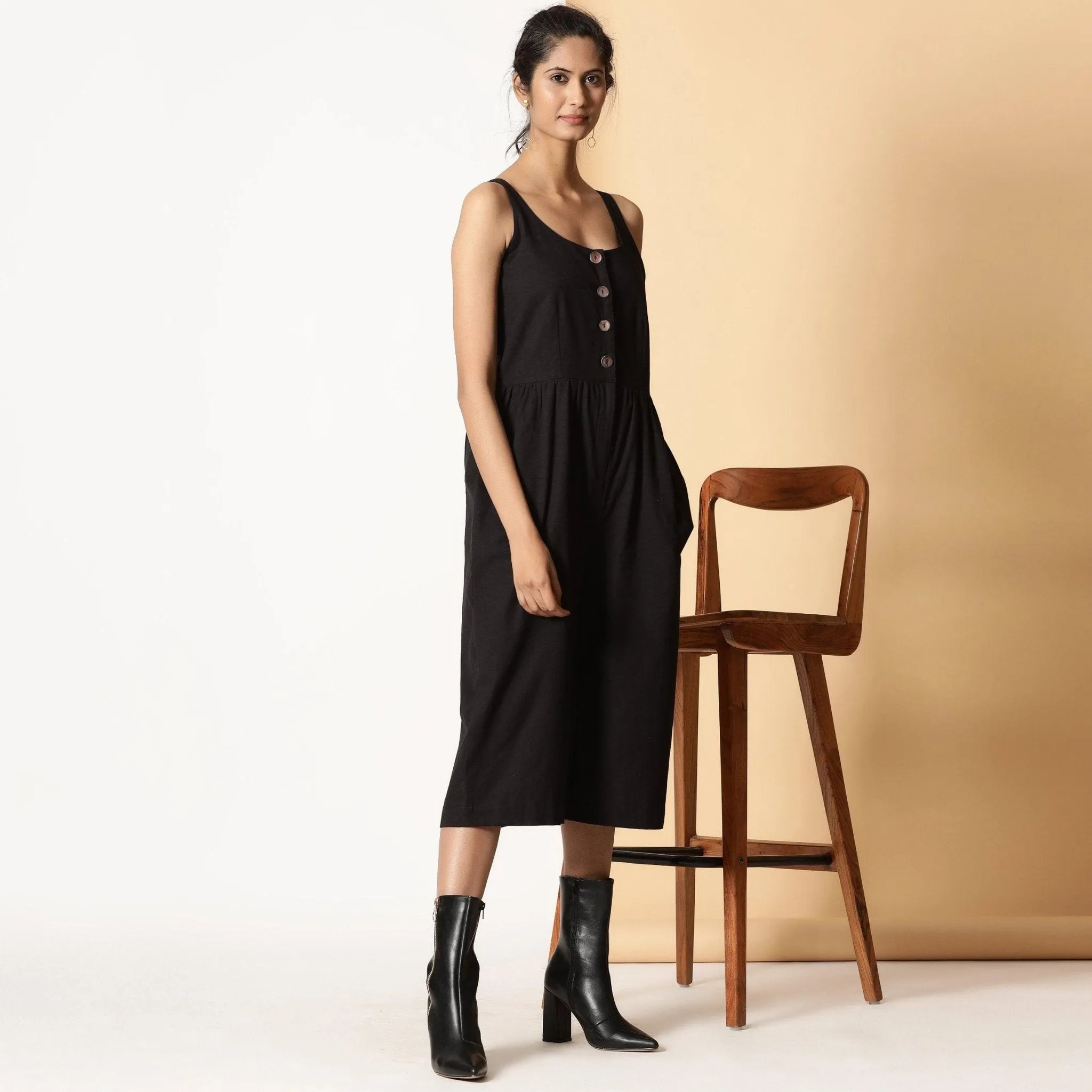 Black Cotton Flax Button-Down Midi Jumpsuit