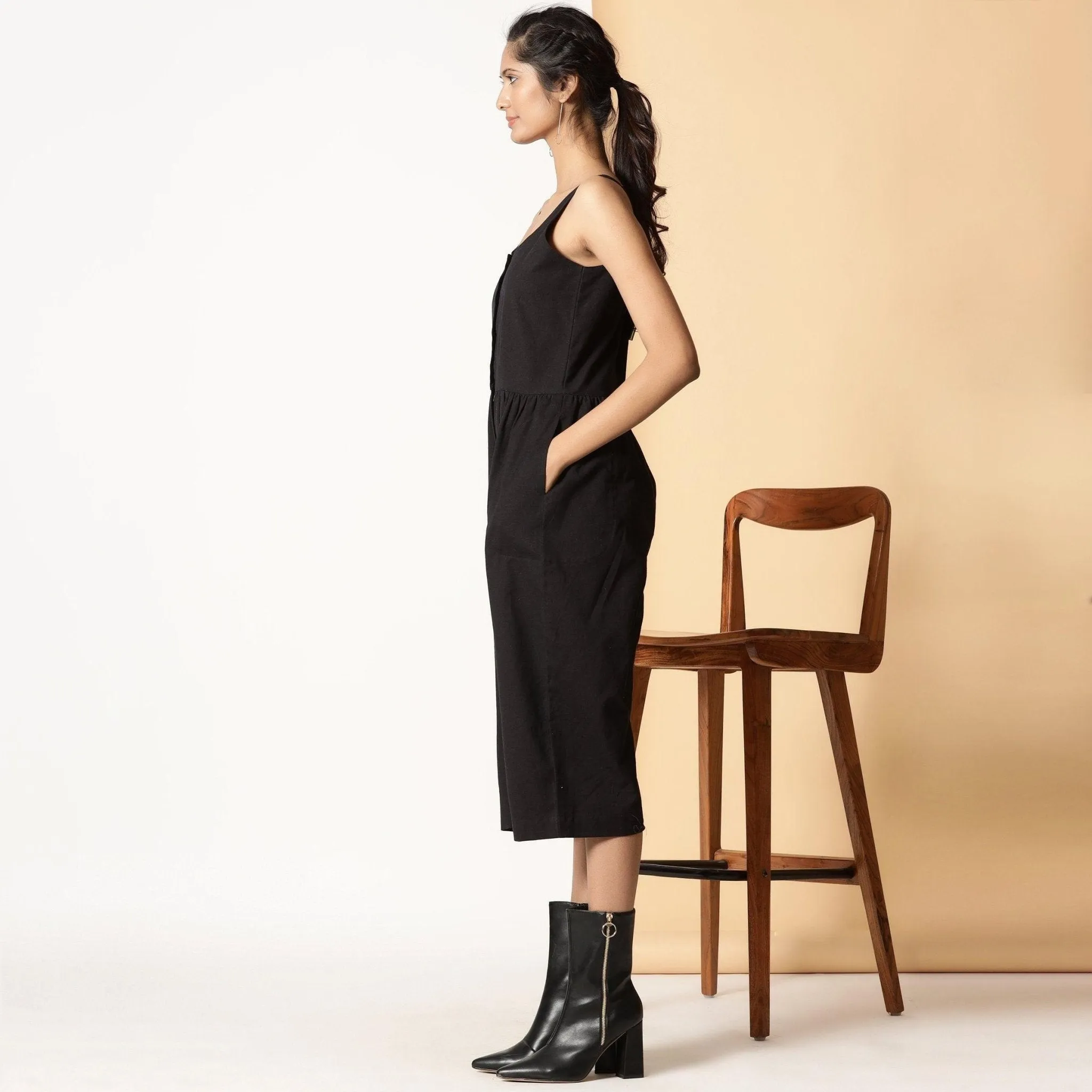 Black Cotton Flax Button-Down Midi Jumpsuit