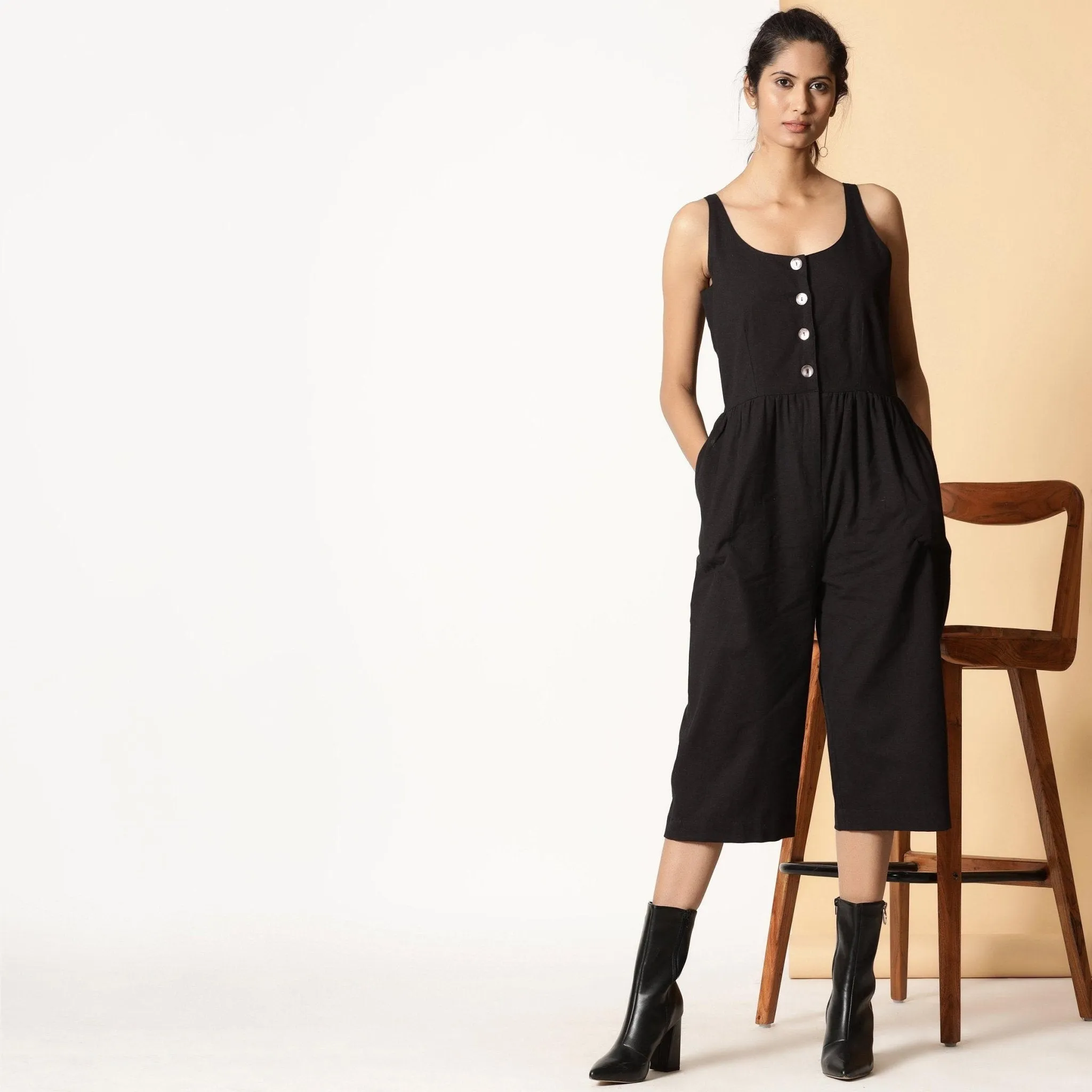 Black Cotton Flax Button-Down Midi Jumpsuit