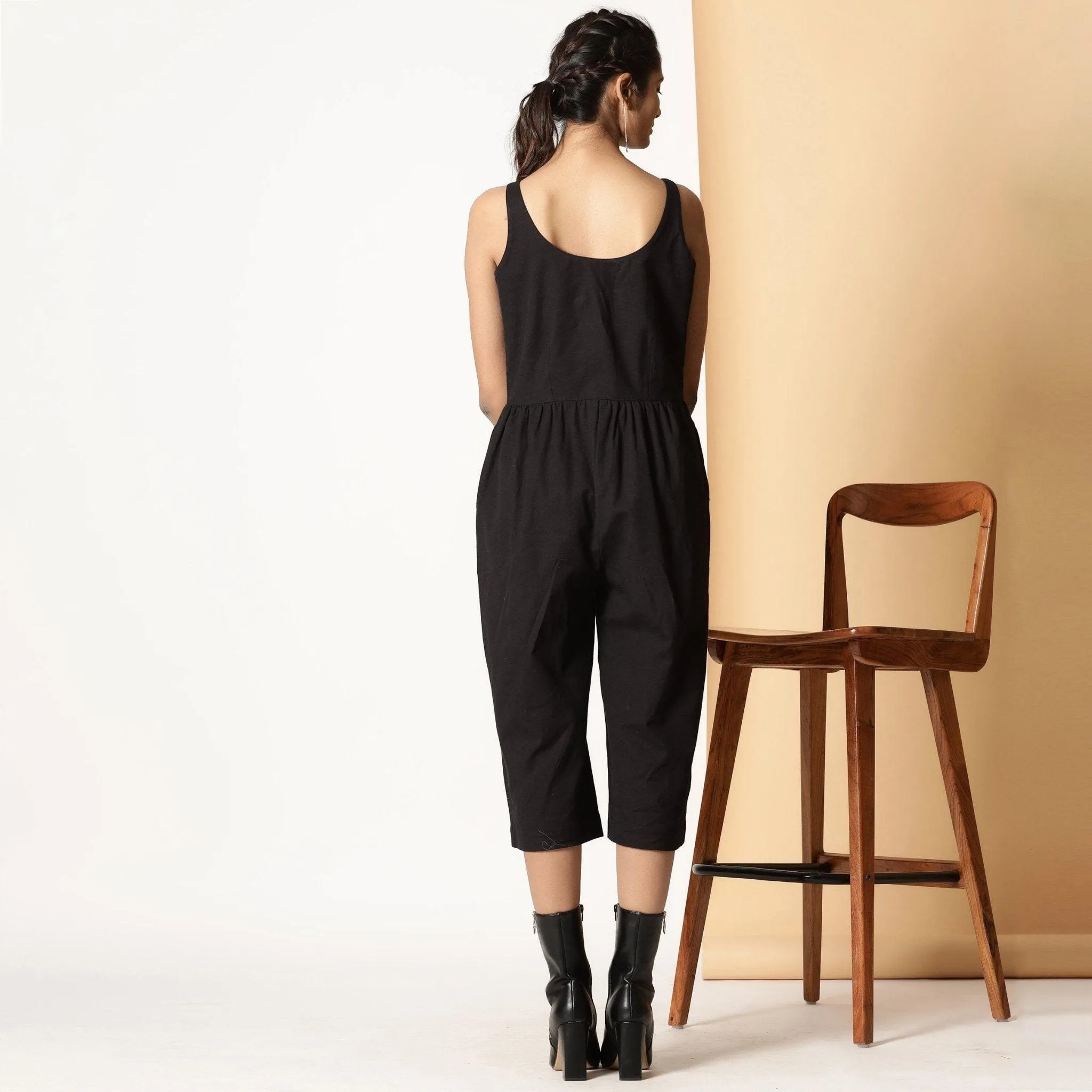 Black Cotton Flax Button-Down Midi Jumpsuit