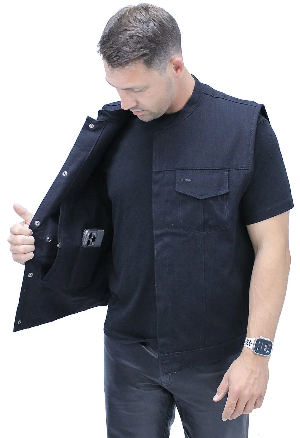 Black Denim Snap Up Club Vest w/Concealed Pocket #VMC3200K ()