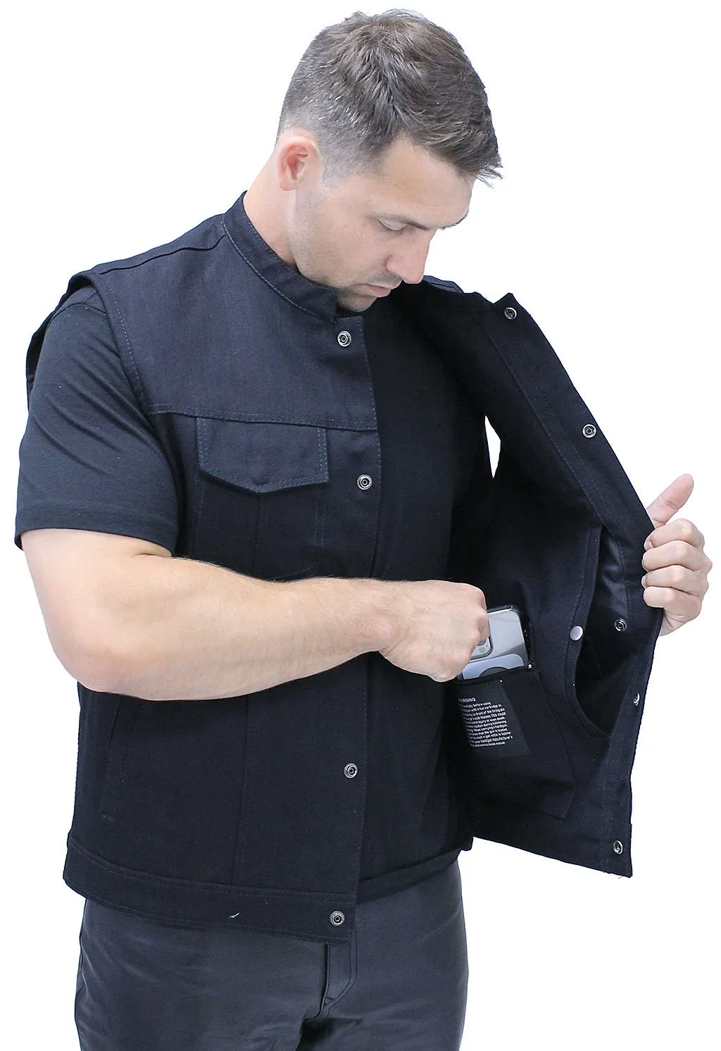 Black Denim Snap Up Club Vest w/Concealed Pocket #VMC3200K ()