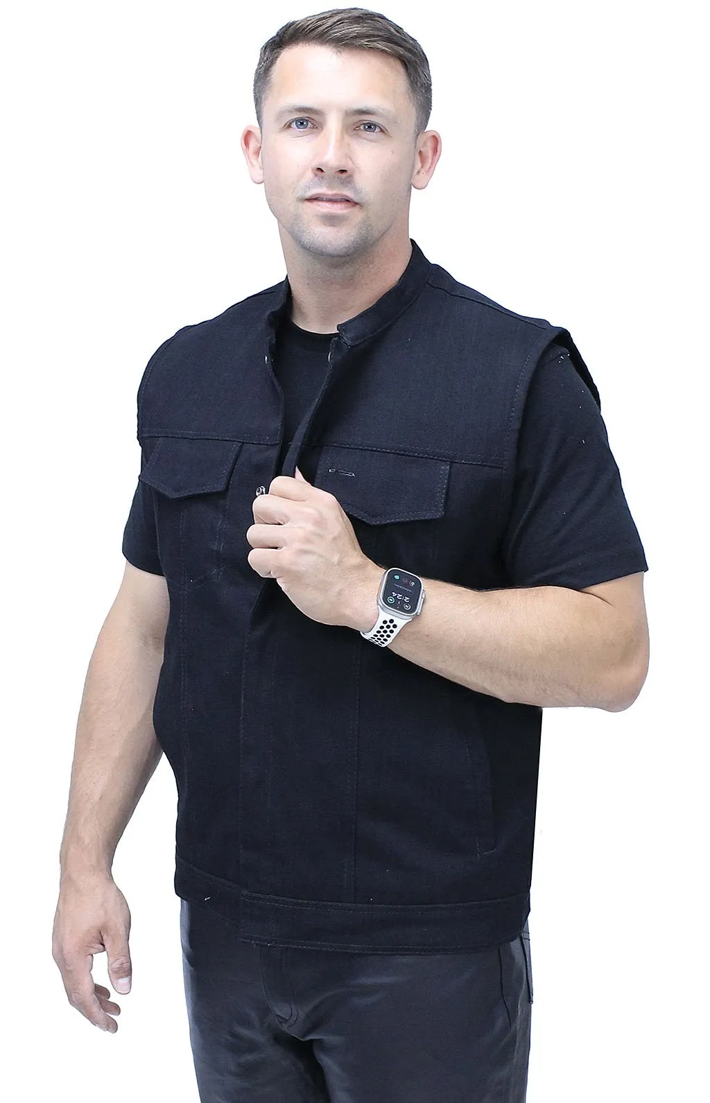 Black Denim Snap Up Club Vest w/Concealed Pocket #VMC3200K ()