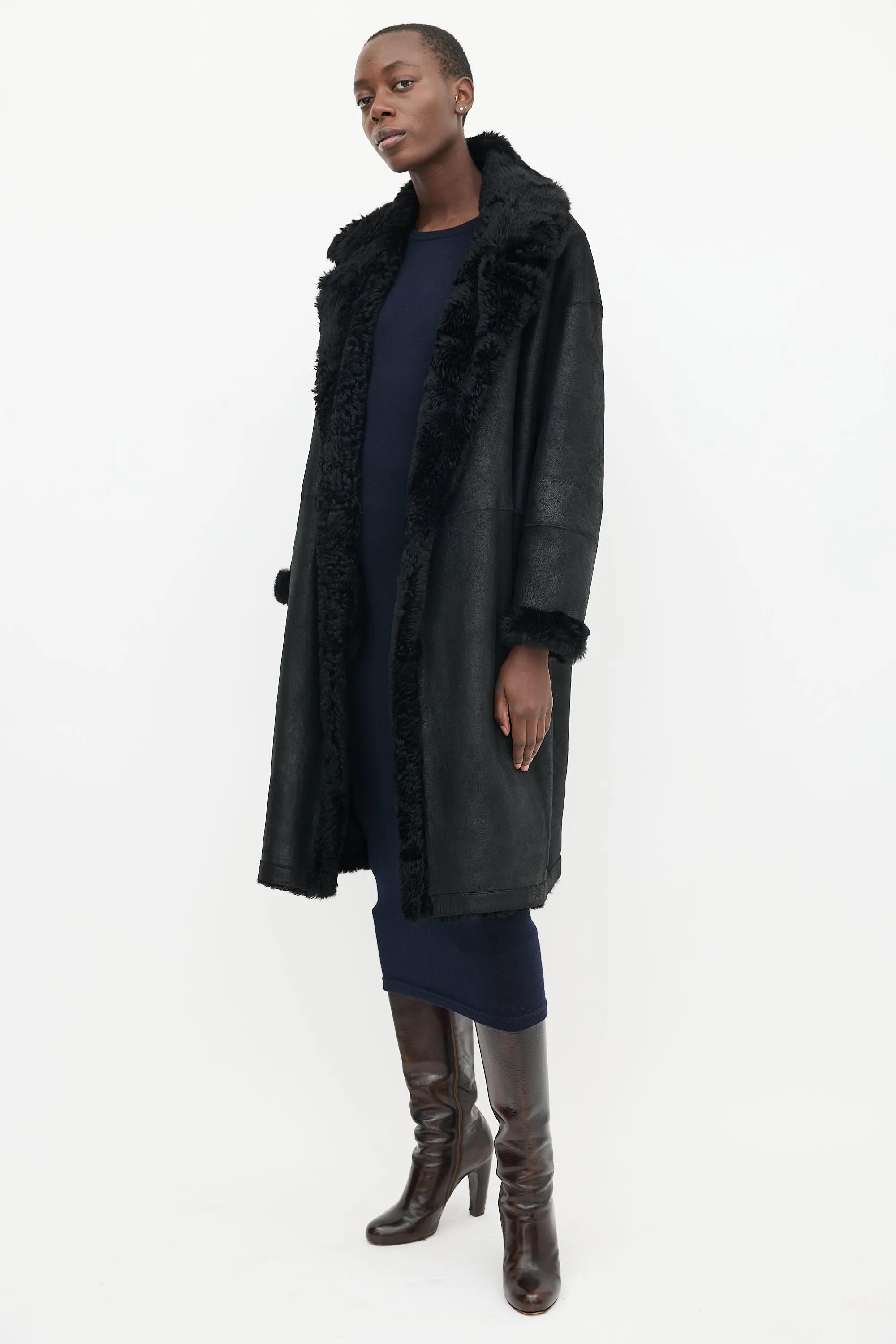 Black Leather & Shearling Lined Mid Length Coat