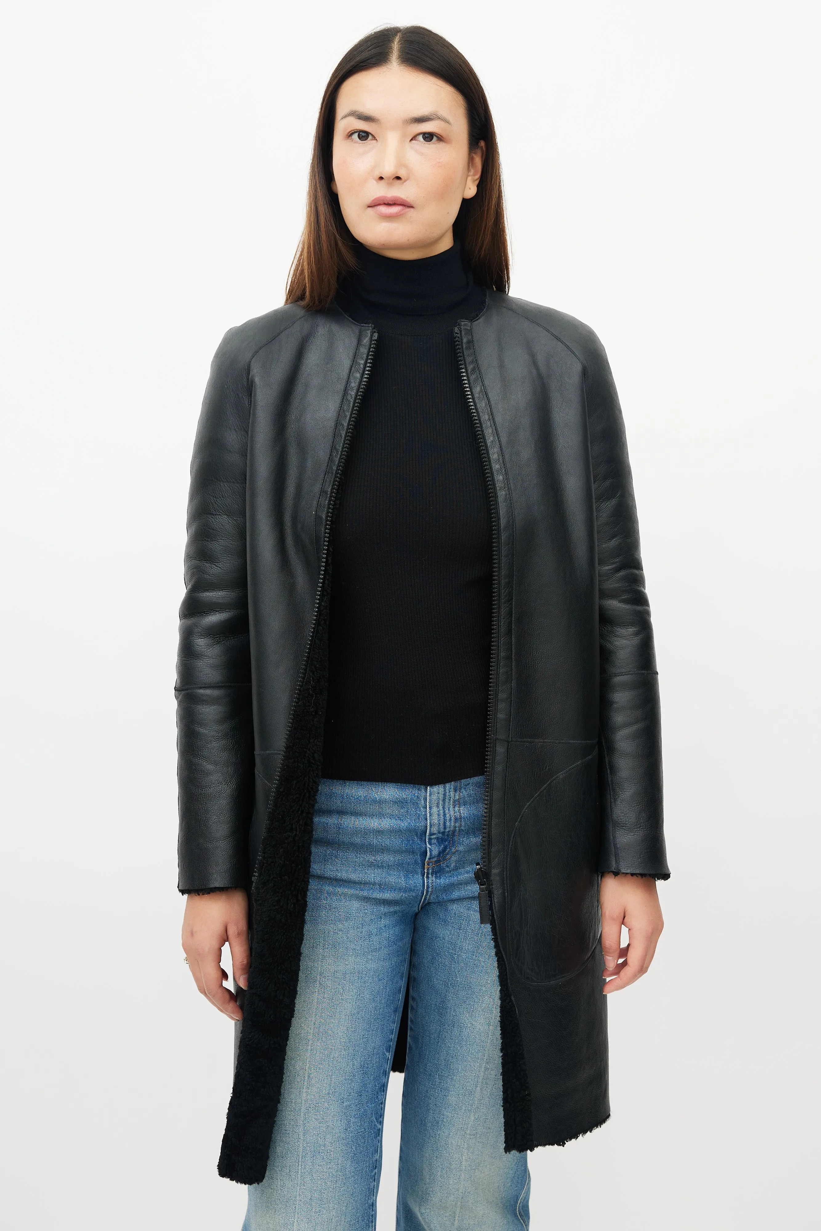 Black Leather Shearling Reversible Coat