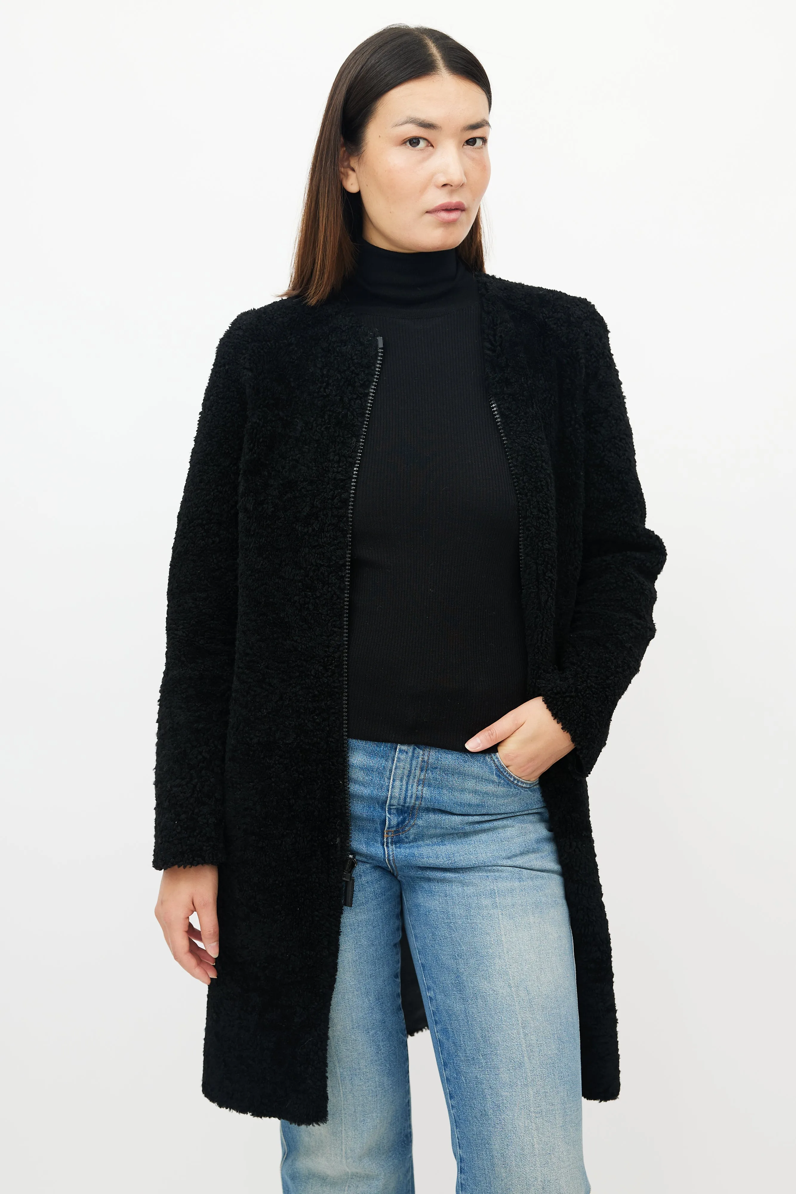 Black Leather Shearling Reversible Coat