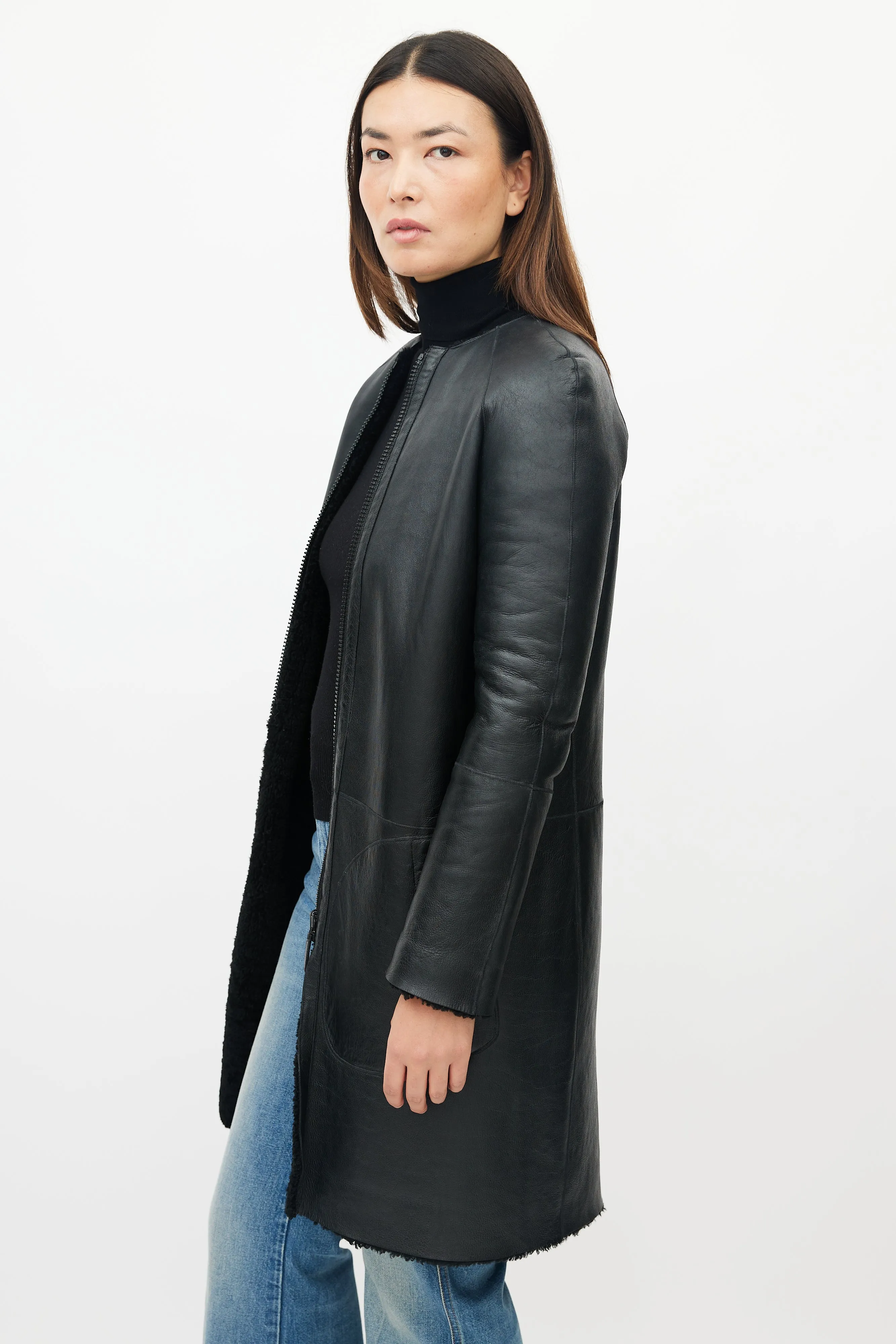 Black Leather Shearling Reversible Coat