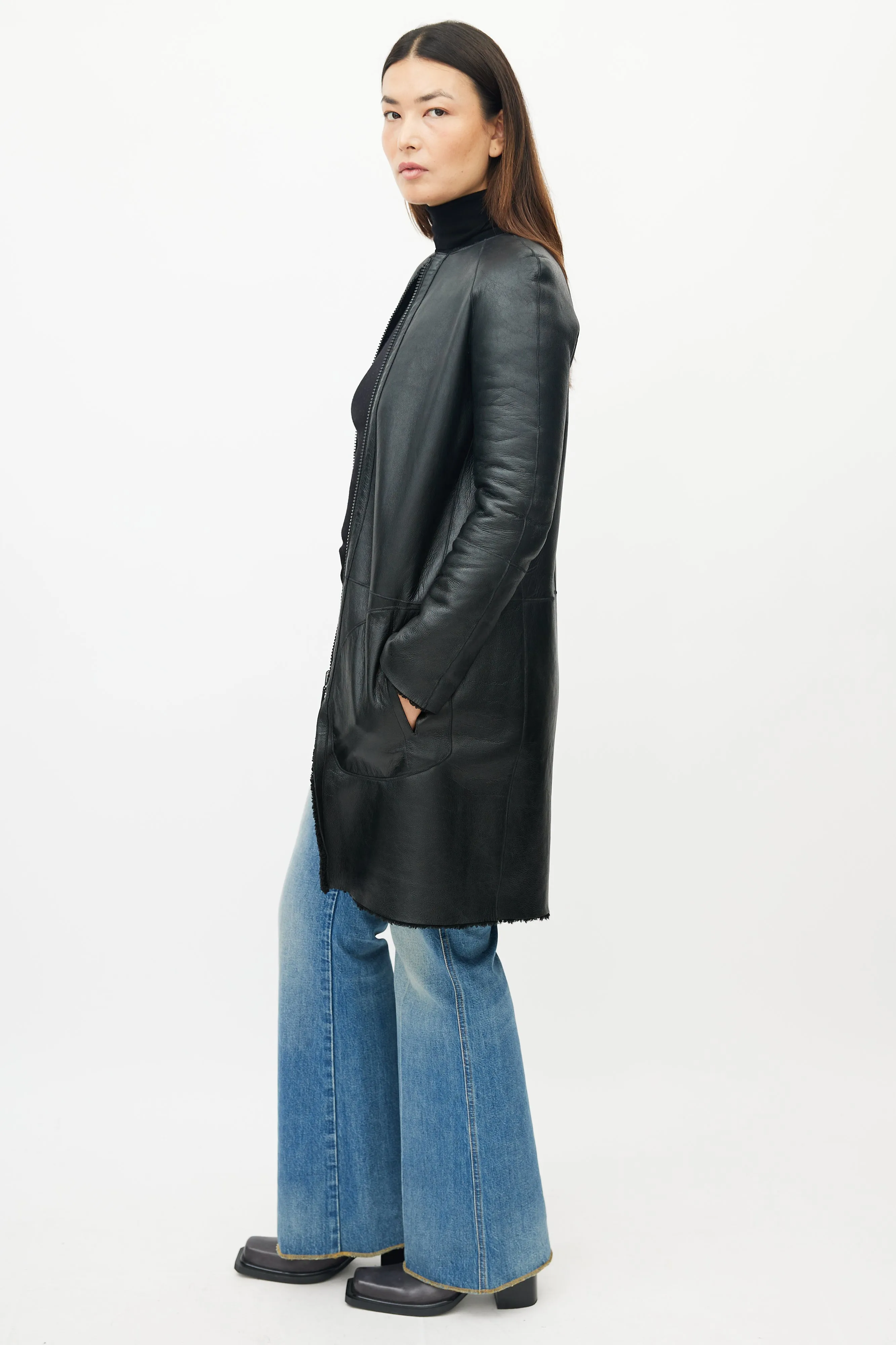 Black Leather Shearling Reversible Coat