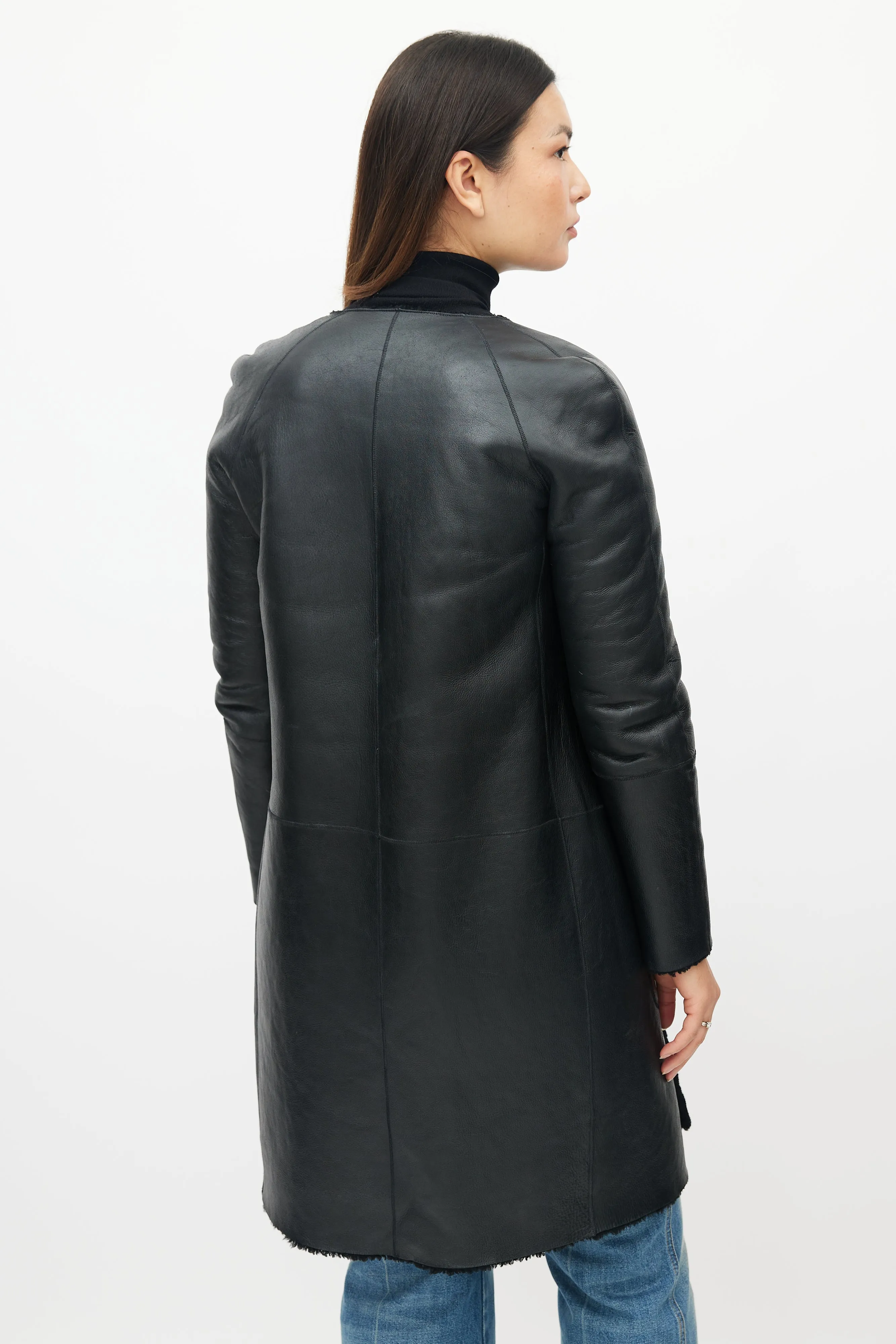 Black Leather Shearling Reversible Coat