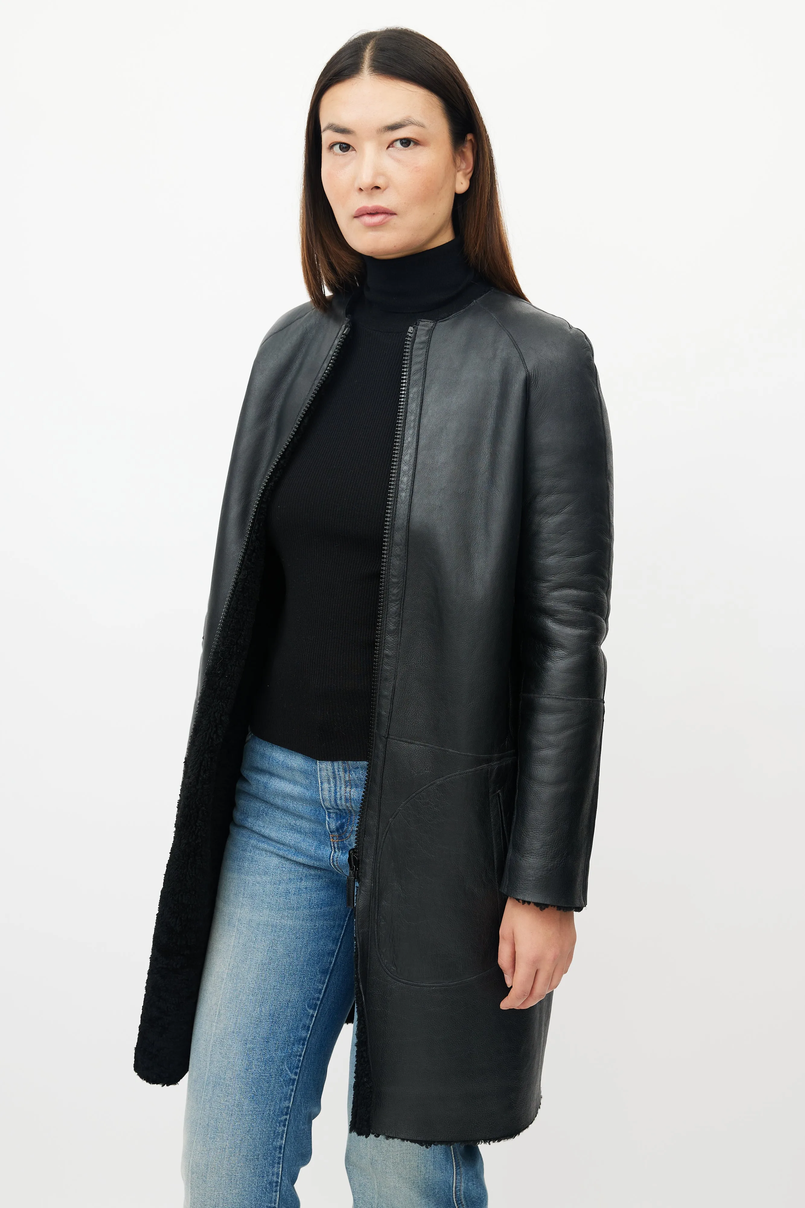 Black Leather Shearling Reversible Coat